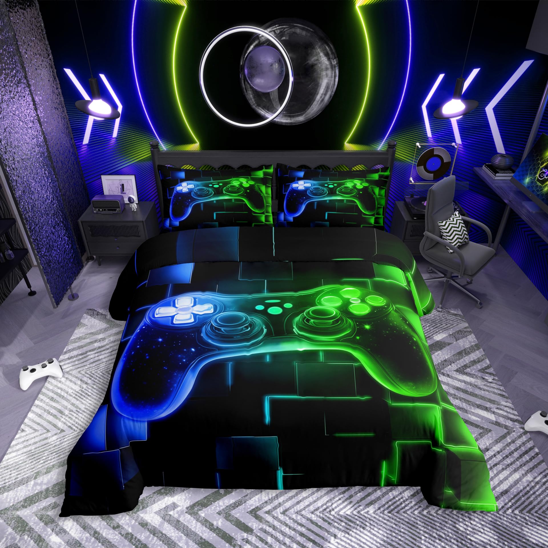 Homewish Kinder Gamer Bettwäsche 200x200,Gaming Bettbezug Set Videospiele Gamepad Tröster Abdeckung für Jungen Teenager,Neon Glowing Square Geometric Grid Blau Grün Schlafzimmer Dekor Bett Set