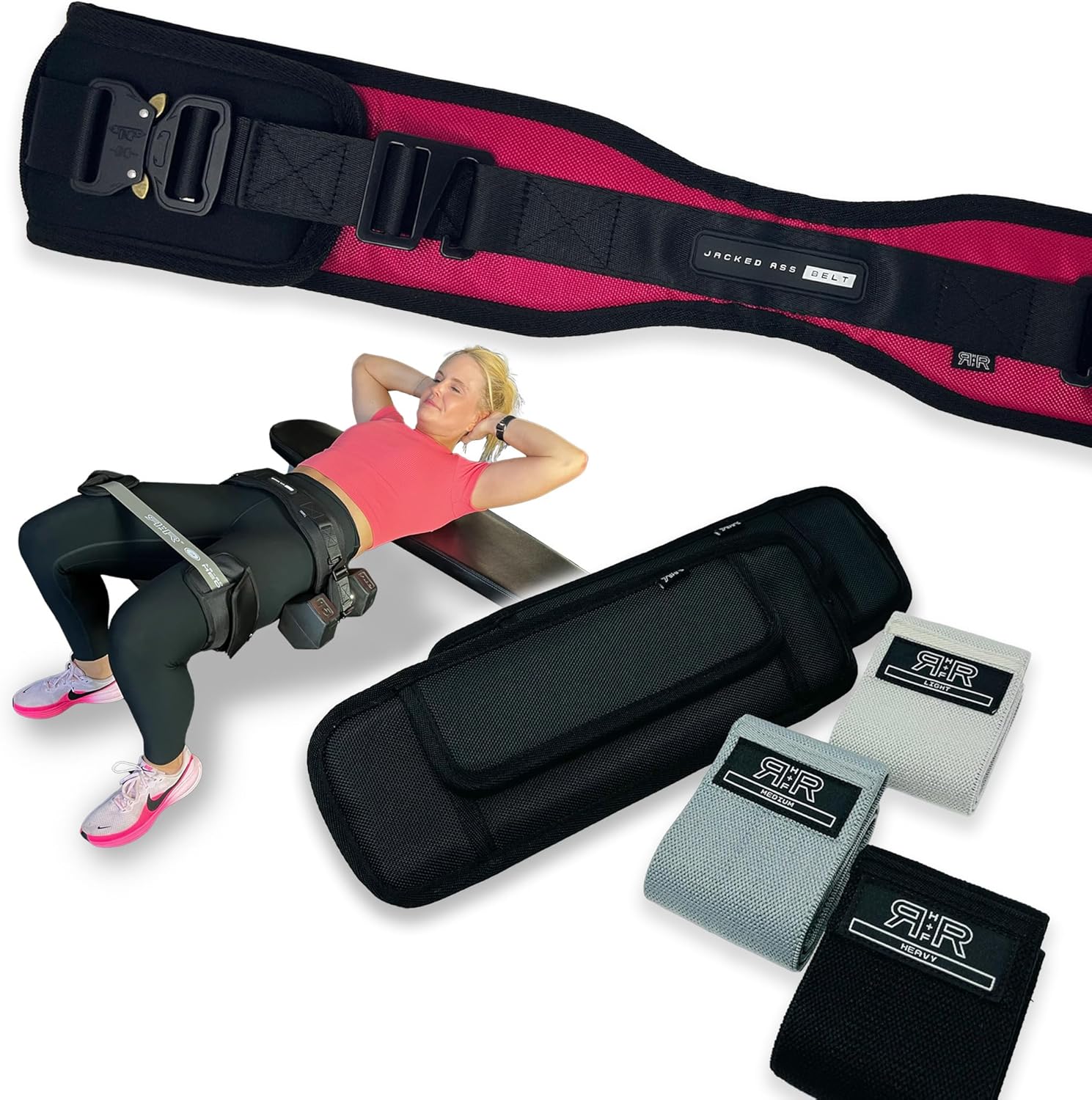 JAB Hip Thrust Belt + Badonka Band Protective Sleeves Premium Glute & Hip Abductor Bundle (Includes 3 Fabric Booty Bands)