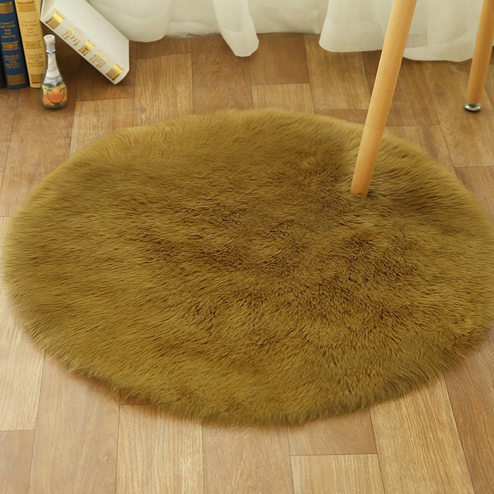 Tapis rond vert militaire en fausse peau de mouton de 180 cm de diamètre pour salon