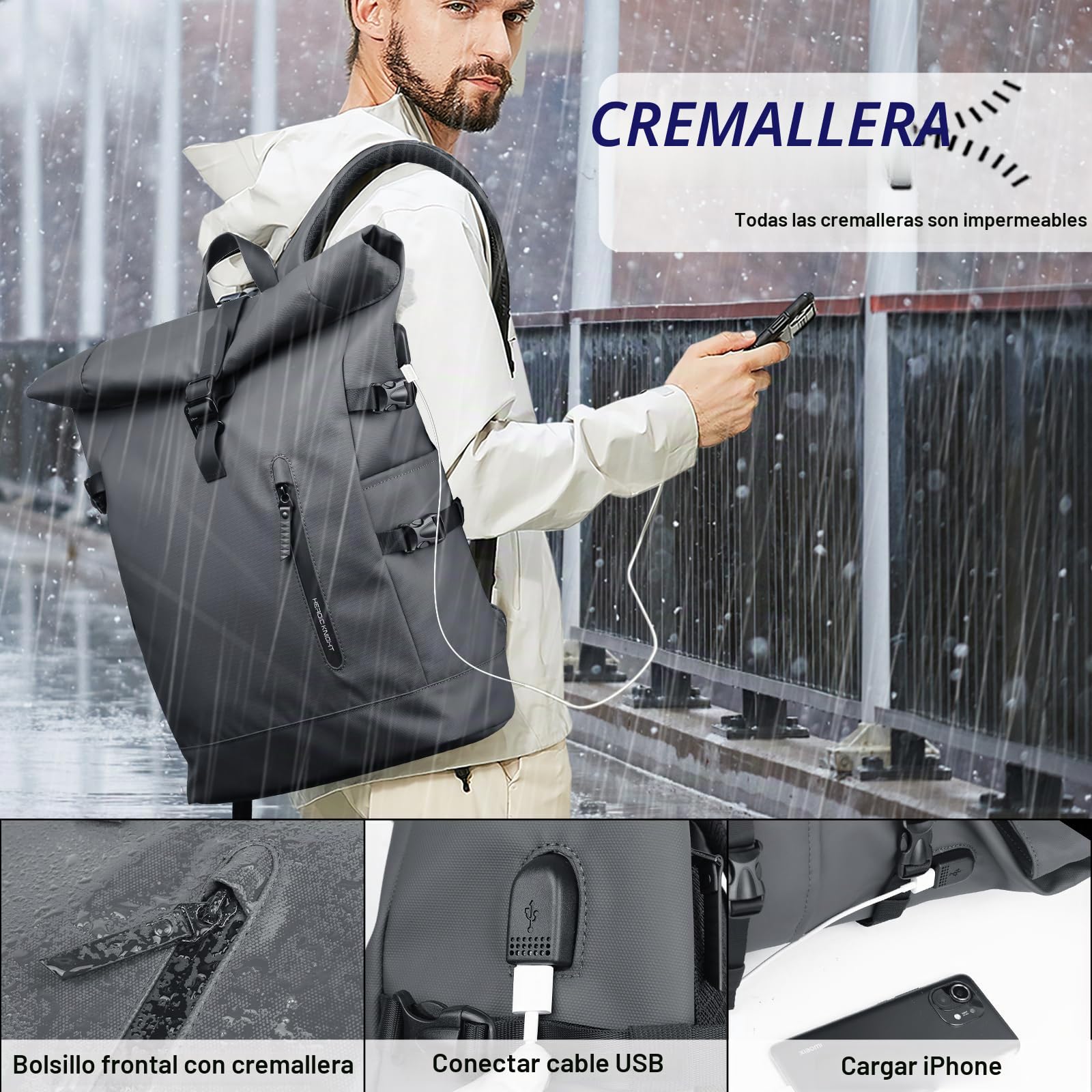 hk Mochila Enrollable Mochilas Roll Top Hombre y Mujer Impermeable | con puerto USB para Portátil 15.6 Pulgadas Antirrobo Grande 23L para Viaje Camping Ciclismo Escuela y Deporte