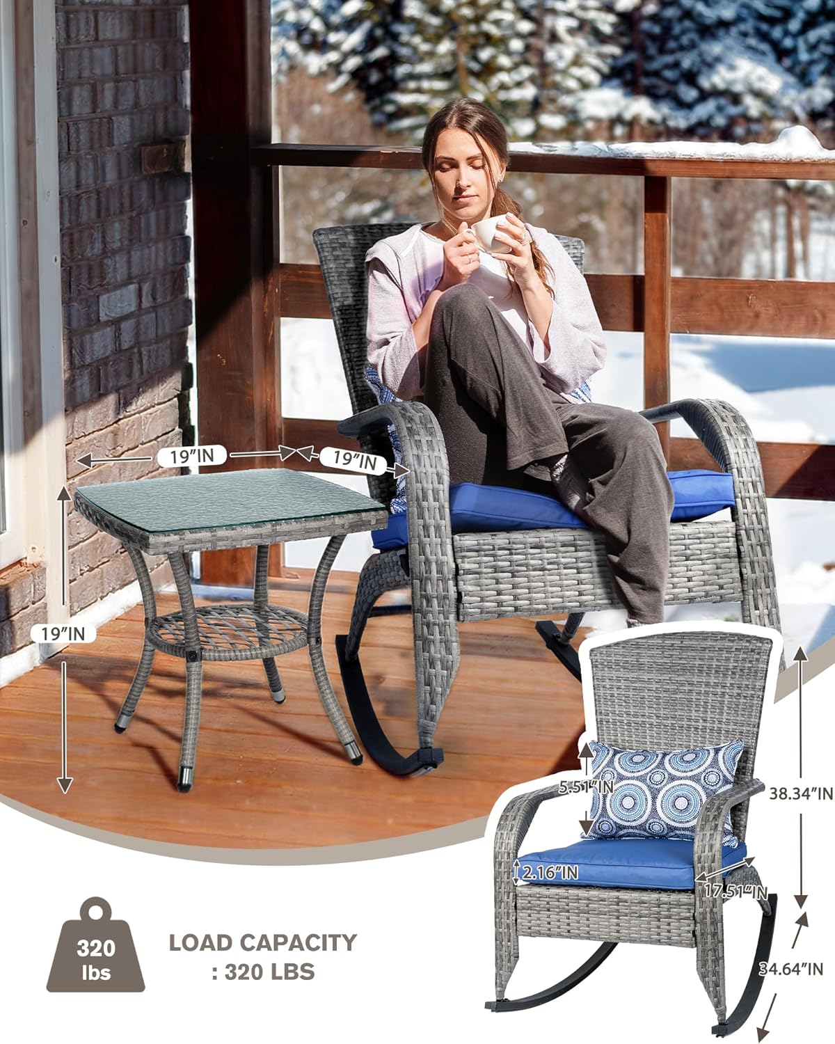3 Piece Patio Wicker Furniture Set, Outdoor Rattan Rocking Chairs with Glass Coffee Table and Cushions for Porch, Garden, Yard and Bistro, Poolside (Grey Rattan & Navy Blue Cushion, 320lbs)