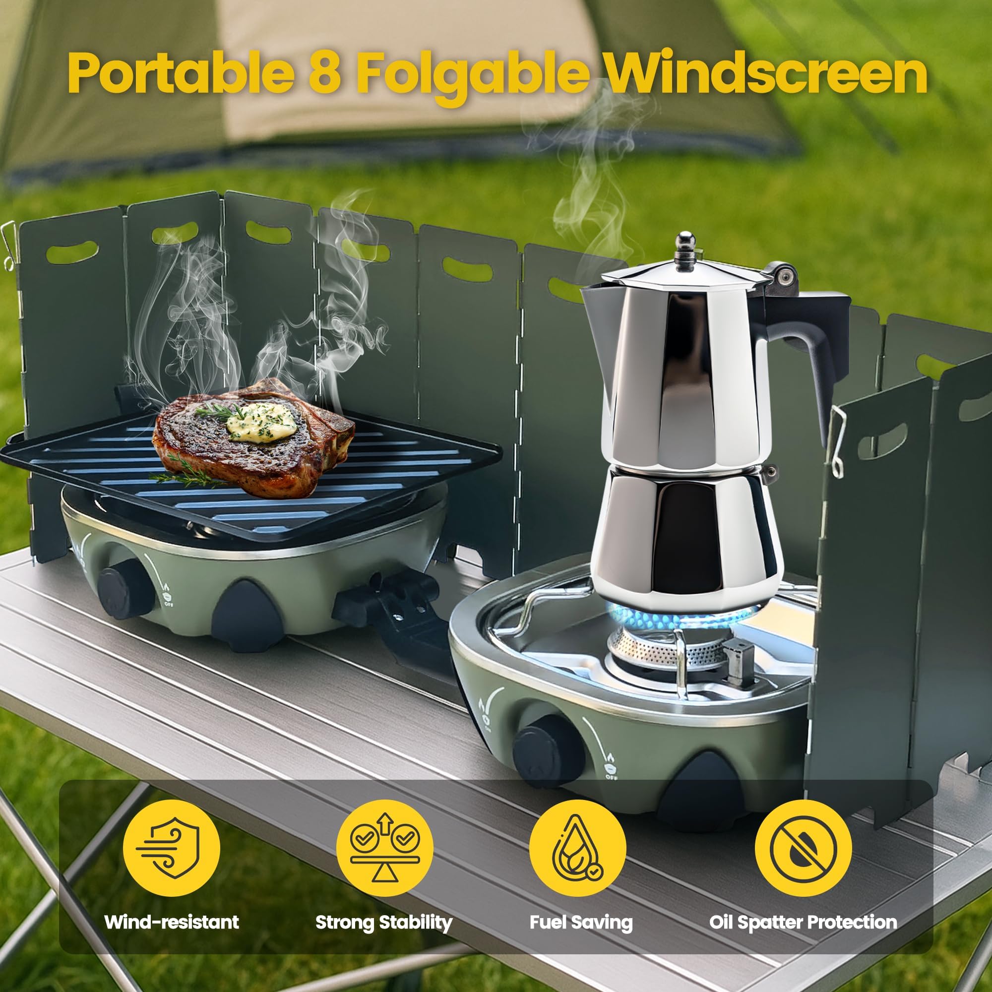 Réchaud de camping portable à 2 brûleurs - 3000 W x 2/1,74 kg - Léger et pliable - 2 feux avec allumage piézo - Plaque de cuisson et tuyau de gaz - Pour barbecue extérieur, randonnée et