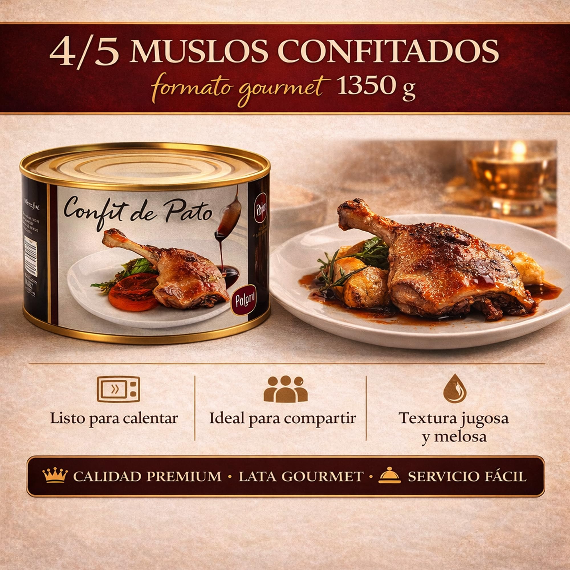 POLGRI Confit de Pato Muslos Confitados Gourmet 1350 g 4/5 Unidades Carne de Caza Premium Receta Manchega