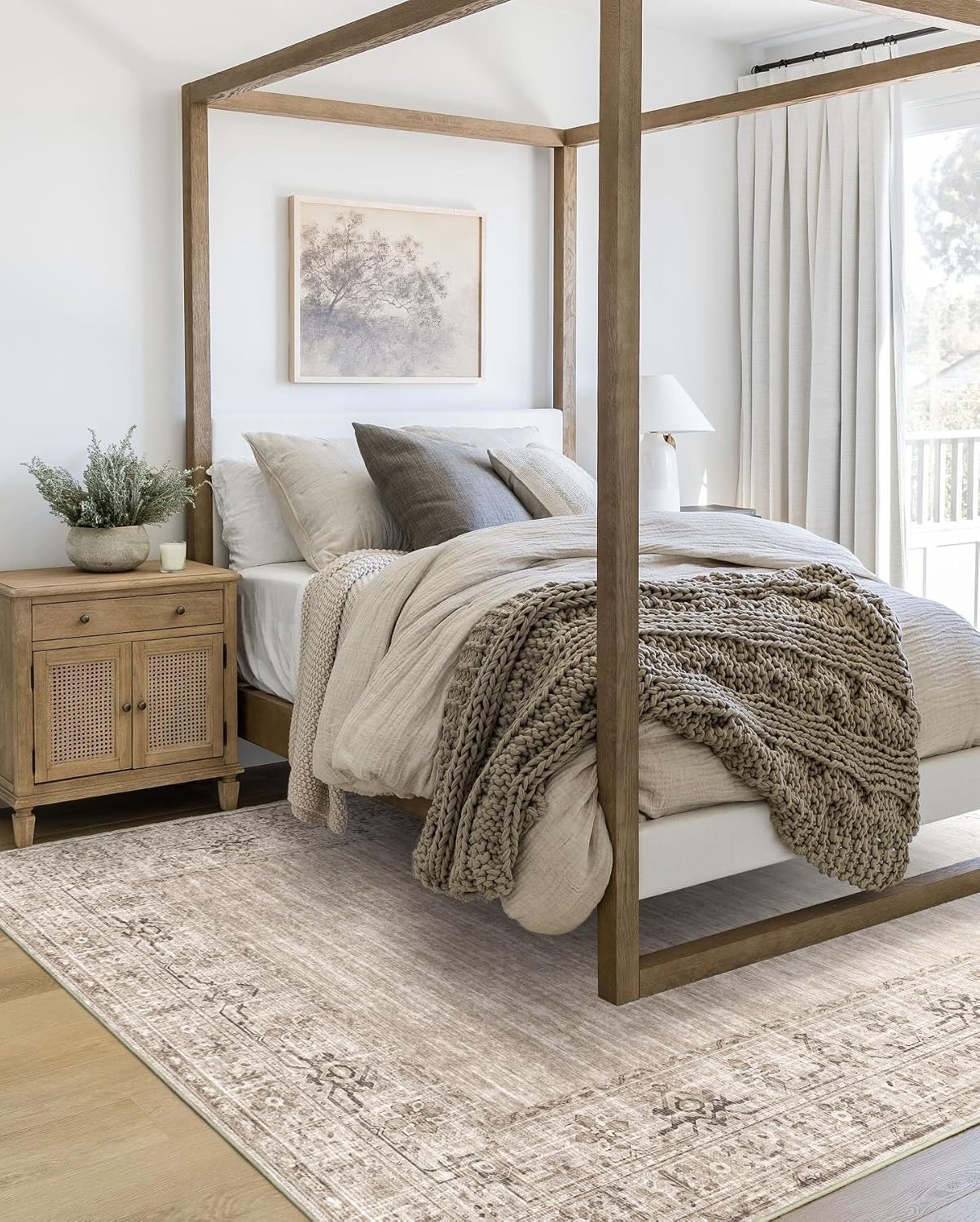 Vintage Bordered Area Rug, Beige 5x7 Washable Living Room Rug Non Slip, Thin Bedroom Rug Farmhouse Retro Accent Throw Rugs for Bedroom Dining Room Carpet