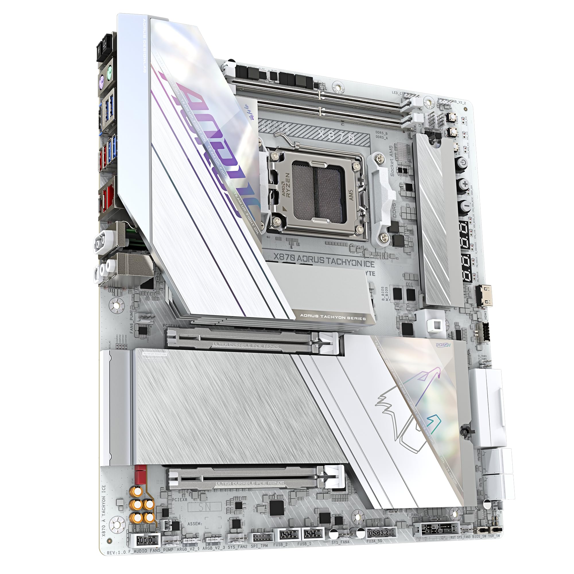 GIGABYTE Płyta główna X870 AORUS TACHYON ICE - obsługuje procesory AMD Ryzen 9000, 18+2+2-fazowy cyfrowy VRM, do 9600 Hz DDR5 (OC), 1 x PCIe 5.0 + 2 x PCIe 4.0, Wi-Fi 7, 5 GbE LAN, USB 4