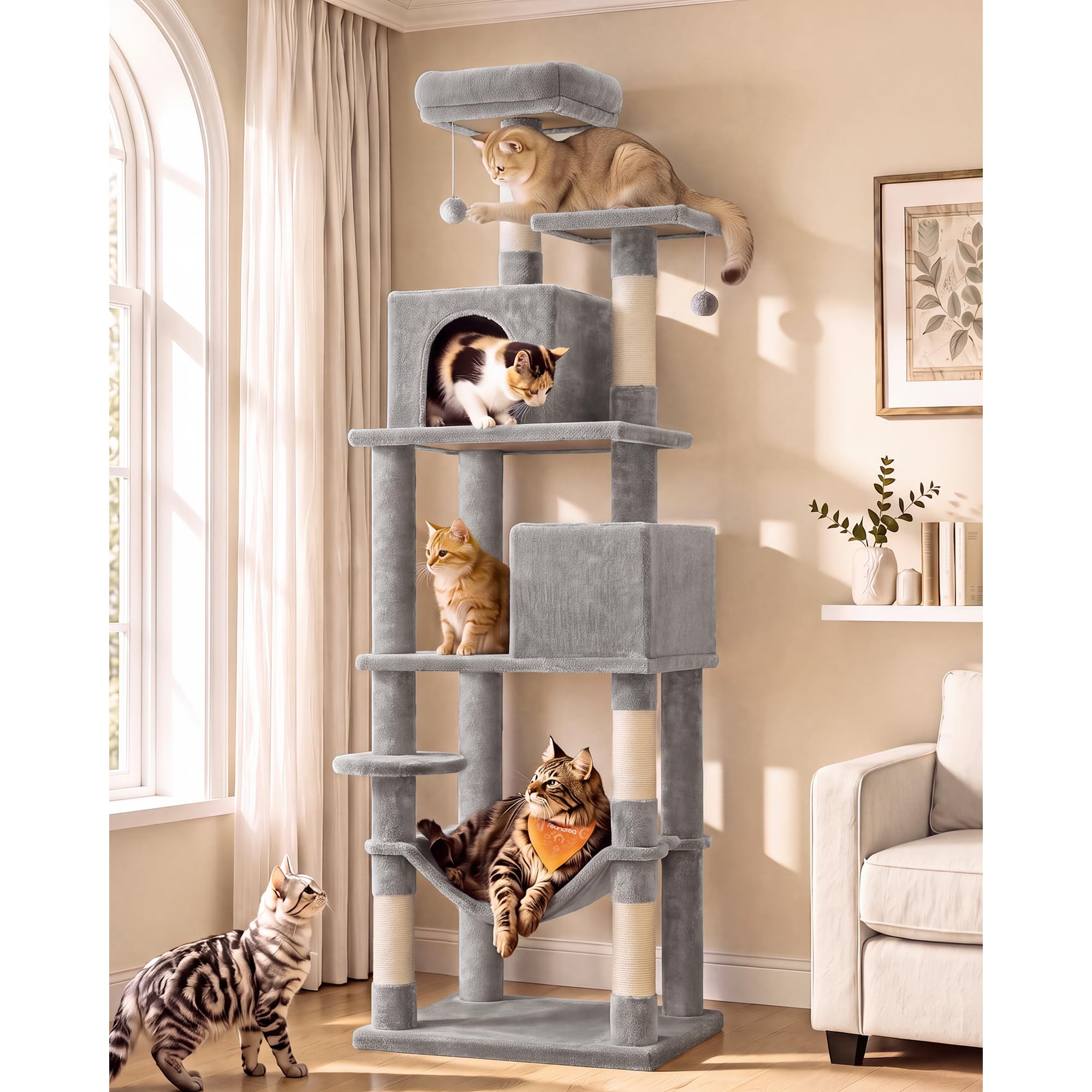 Feandrea Cat Tree, 73.2-Inch Cat Tower, Multi-Level Condo, Light Gray
