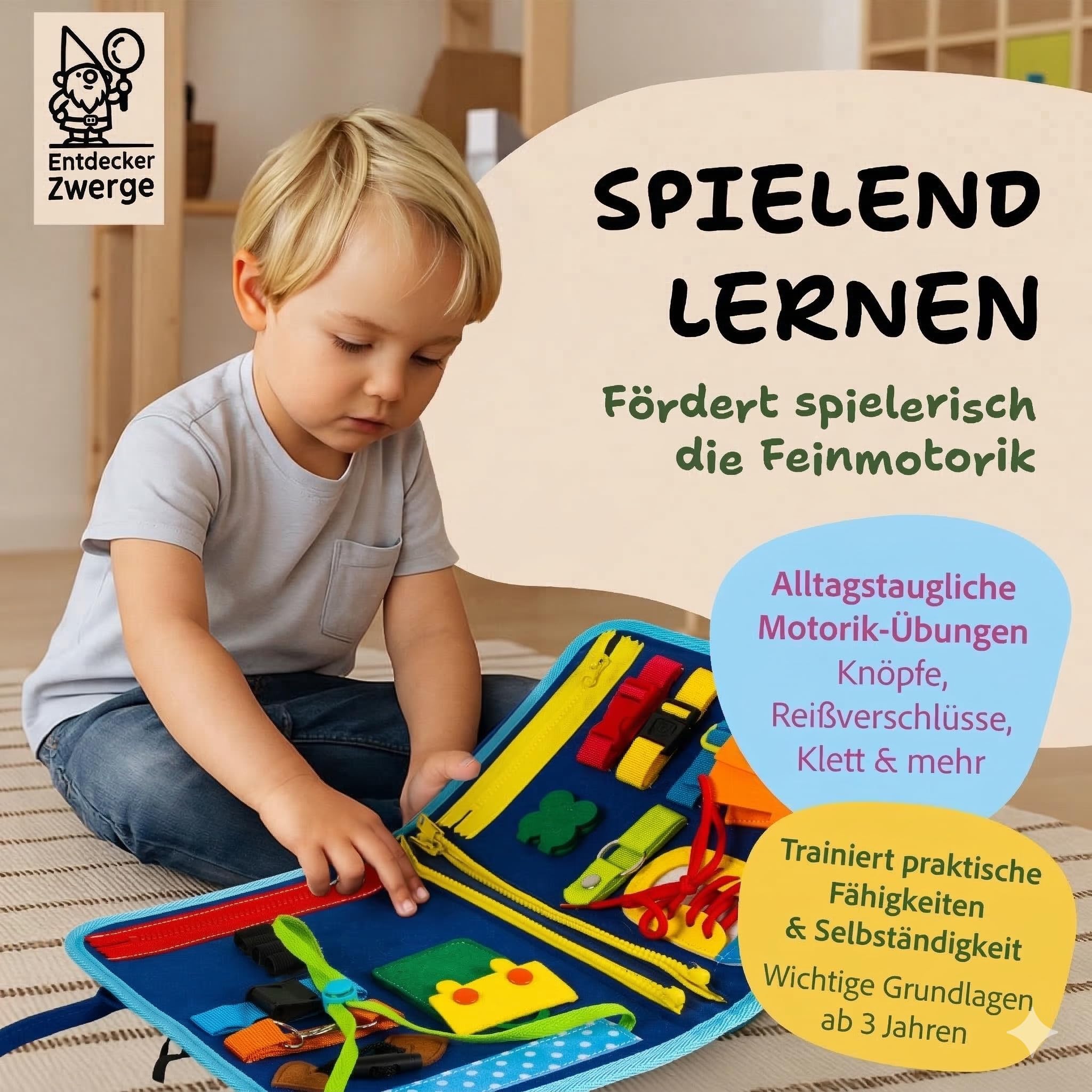 Montessori Busy Board ab 3 Jahre - Lernspielzeug mit deutschen Inhalten - Busy Book mit 25 Aktivitäten - Motorikspielzeug - Activity Board für Kinder - Reisespiel - in Geschenkbox