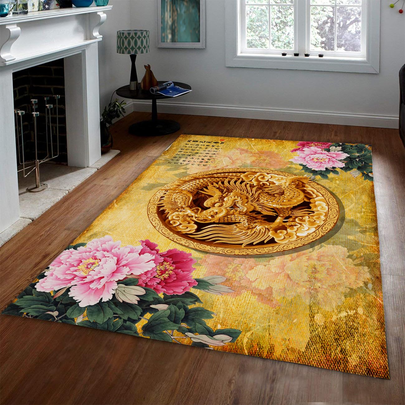 Tapis anti-tache salon 120x150 lavable à motif médaillon rose