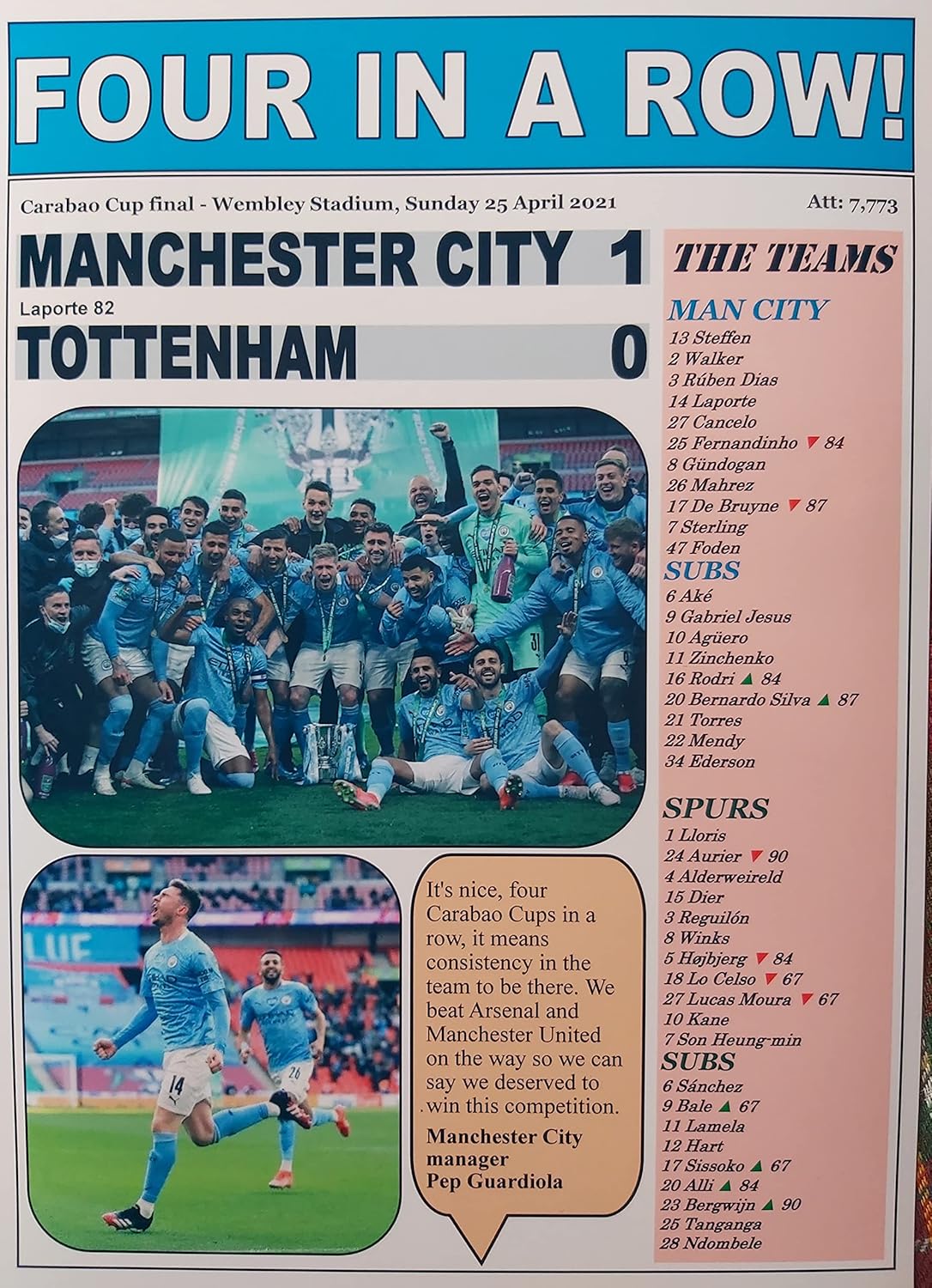 Manchester City 1 Tottenham 0 - 2021 League Cup final - souvenir print