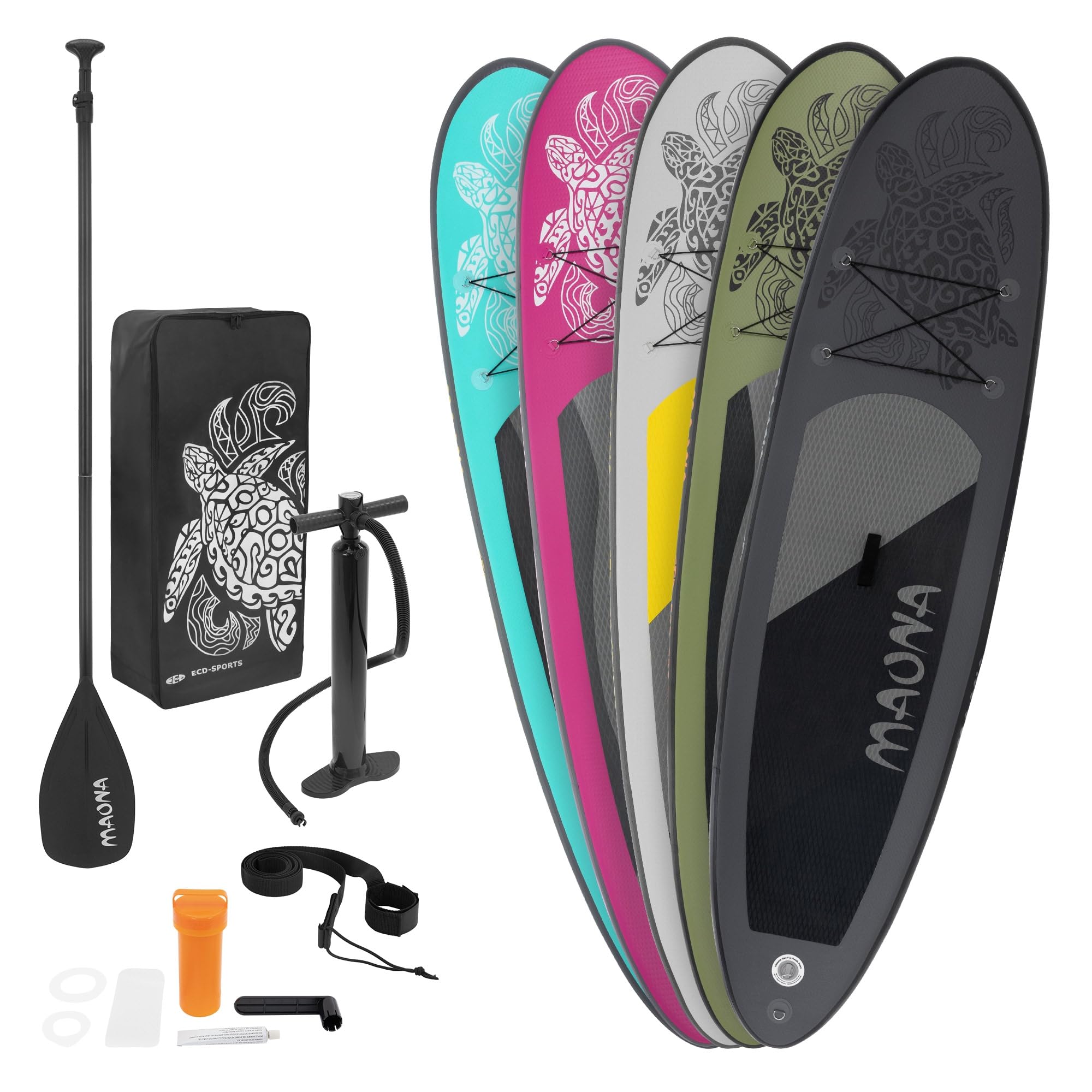 ECD Germany Maona nadmuchiwana deska do paddleboardingu, turkusowa/czarna/różowa/szara/oliwkowa, 308 cm, wykonana z PCW, aluminiowe wiosło, kompletny zestaw, deska SUP, deska surfingowa