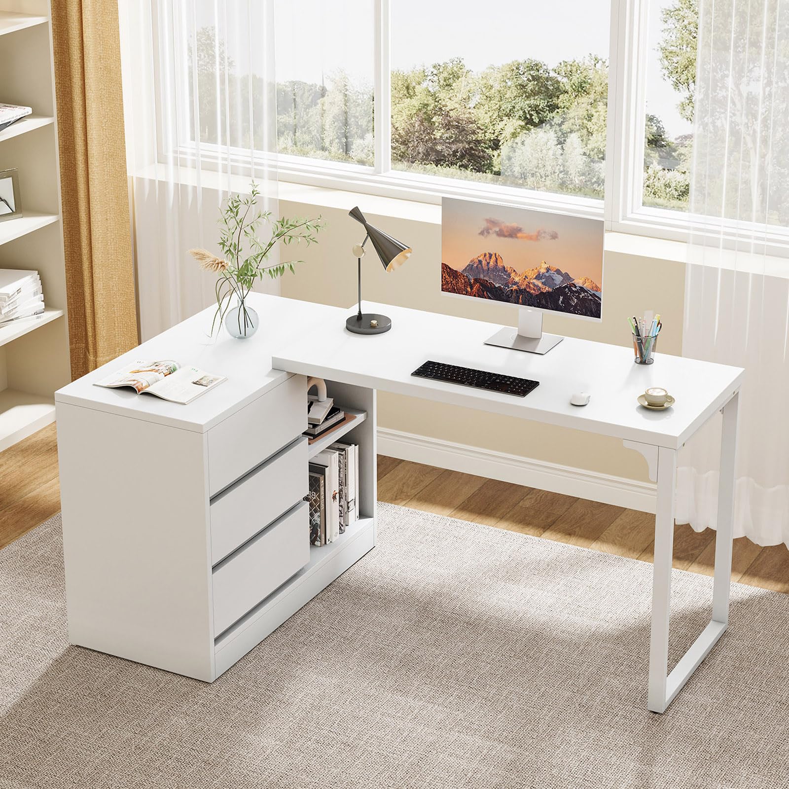 Tribesigns Schreibtisch, L-förmiger Computertisch mit Schubladen und Regalen, wendbarer weißer Eckschreibtisch mit Aufbewahrungsschrank, moderner Arbeitstisch für Homeoffice, Schlafzimmer