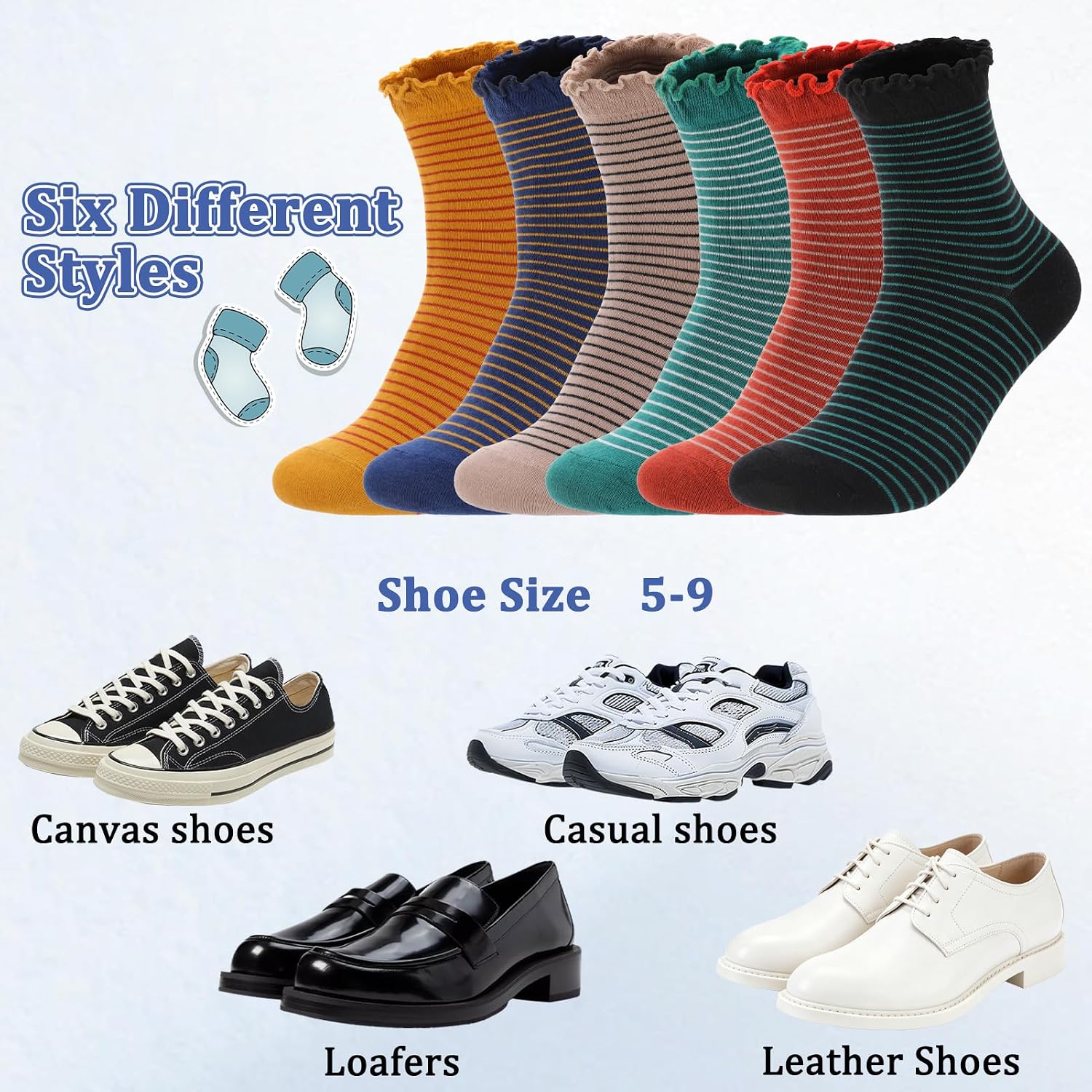 6 Pairs Women Striped Crew Socks, Ruffle Edge Cotton Retro Socks Cute Checkered Ankle Sock Casual Athletic Size 5-9