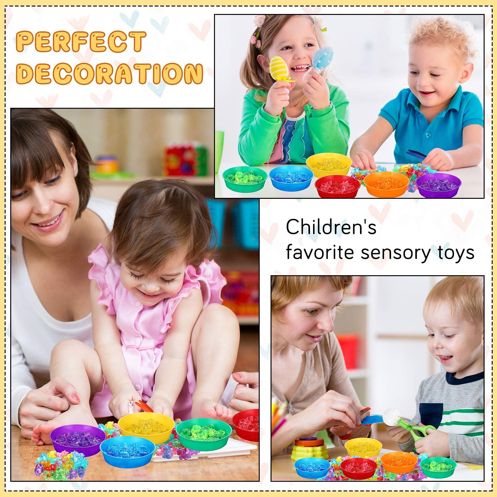 62 piezas de relleno sensorial de contenedor, incluye 50 cuentas acrílicas de unicornio, 4 pinzas, 2 pinzas para tijeras, 6 tazas, juego de juguetes de motor fino para niños y niñas, educación 5