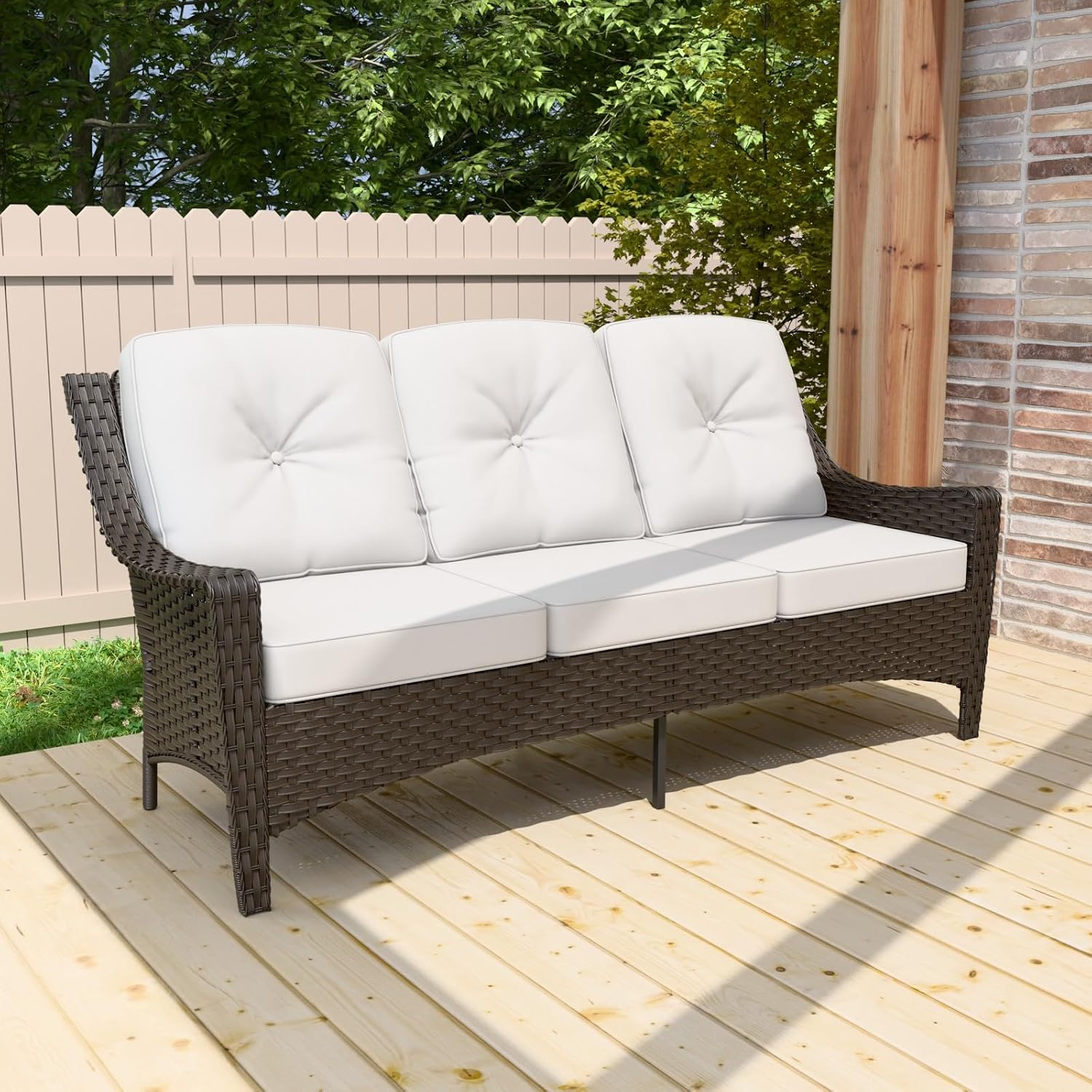 EAGLE PEAK Azure Bay 3 Seat Outdoor Wicker Patio Sofa Deep Cushions Weather Resistant Rattan Couch, Brown/Beige