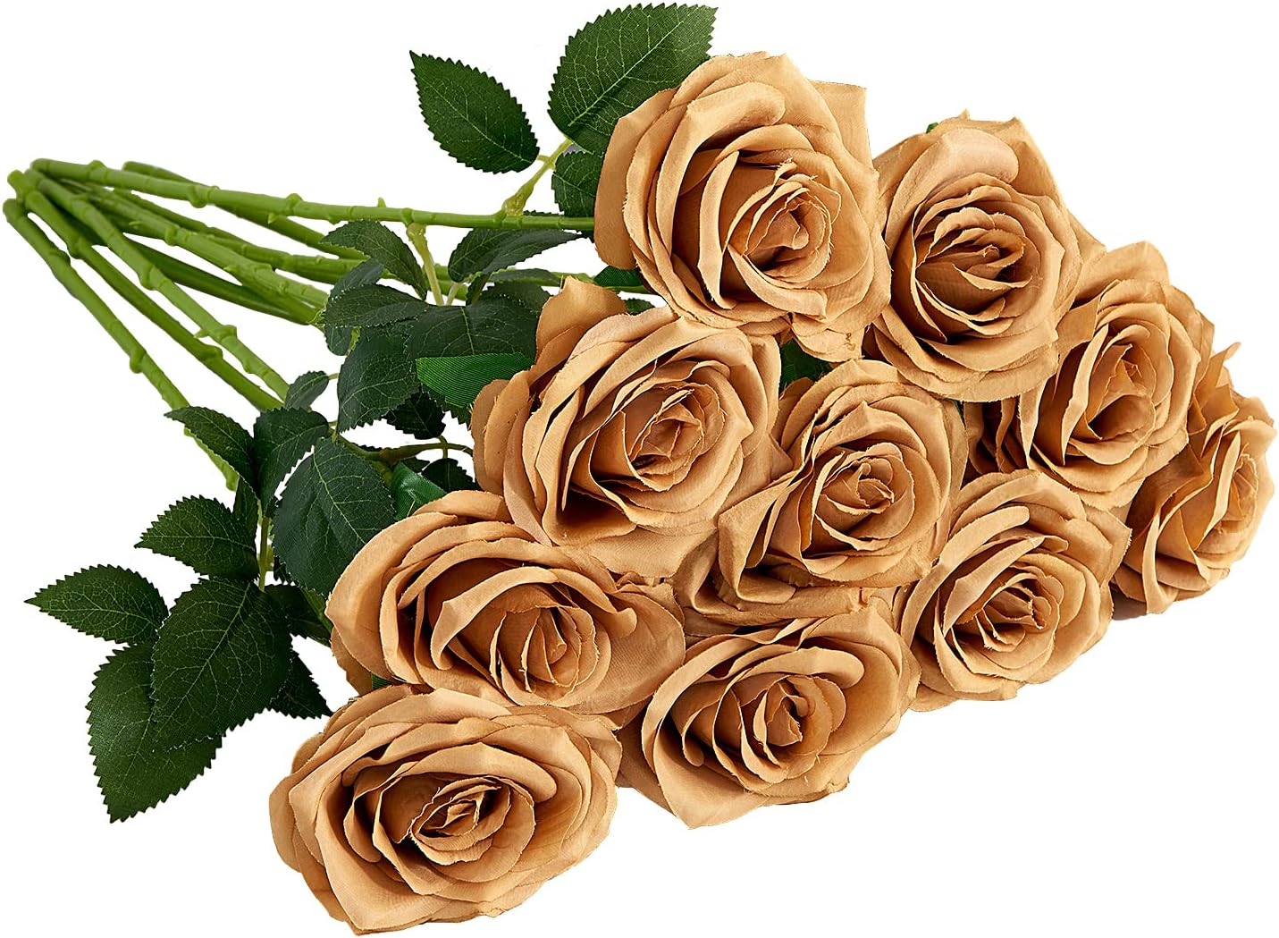 IUKnot Artificial Rose 10pcs Open Flower Bouquet Faux Rose Stems for Wedding Arrangement, Bridal Bouquet, Centerpiece, Fake Faux Silk Flowers (Toffee)
