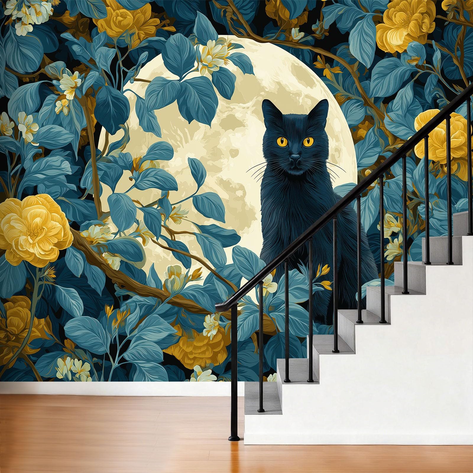 Zwierzęta, koty, kwiaty, księżyc, sztuka, fototapeta, 500 x 280 cm, efekt 3D, obraz ścienny, tapeta z włókniny, nowoczesna tapeta ścienna, do salonu, pokoju dziecięcego, sypialni, tło TV, dekoracja