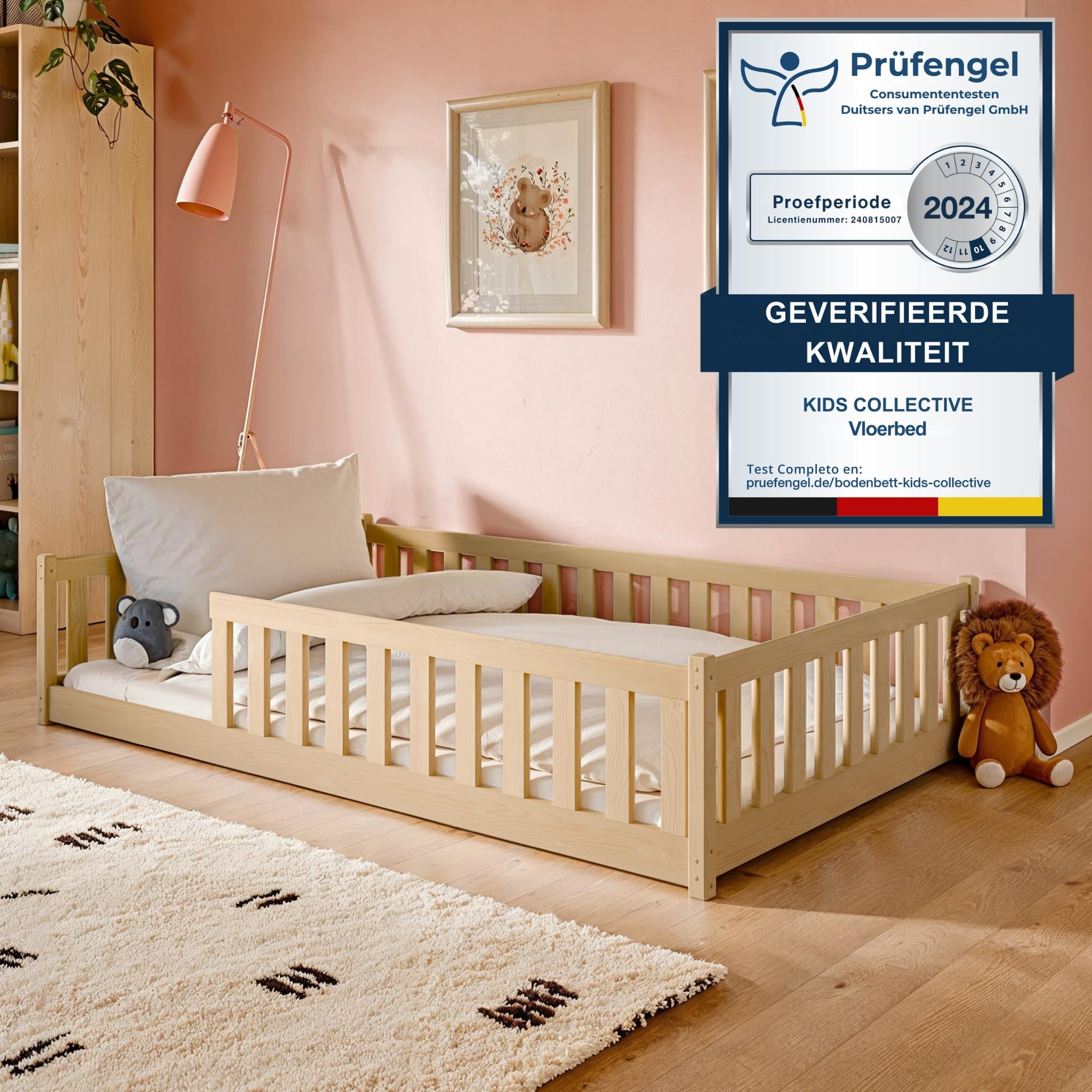 Dolamaní Vloerbed kinderbed 140 x 200 cm met valbescherming en deur Montessori bed, ledikant tweepersoonsbed houten bed, natuurlijk