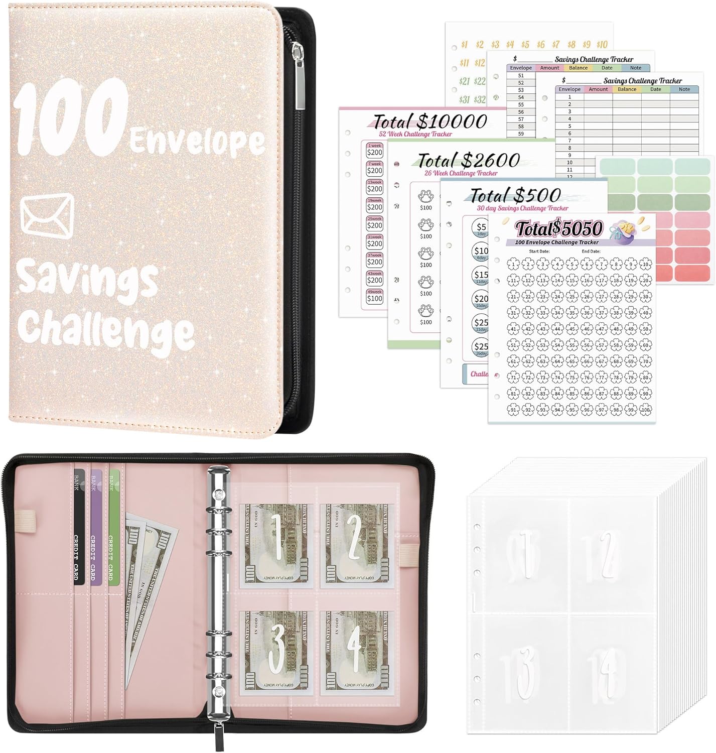 Ospelelf Money Saving Binder Savings Challenge Book with 100 Envelopes Zipper Closure Leather 52 Weeks Budget Planner to Save $10000 $5050 Gold-Flecked Off-White