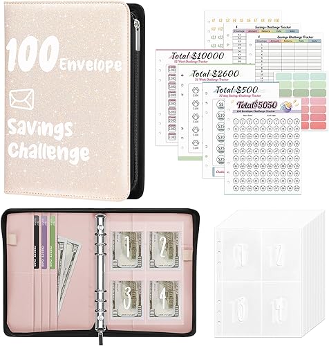 Vista 18 de Ospelelf Carpeta de piel sintética con cierre de cremallera, 100 sobres, para ahorro de dinero, para dinero en efectivo 2025, color negro