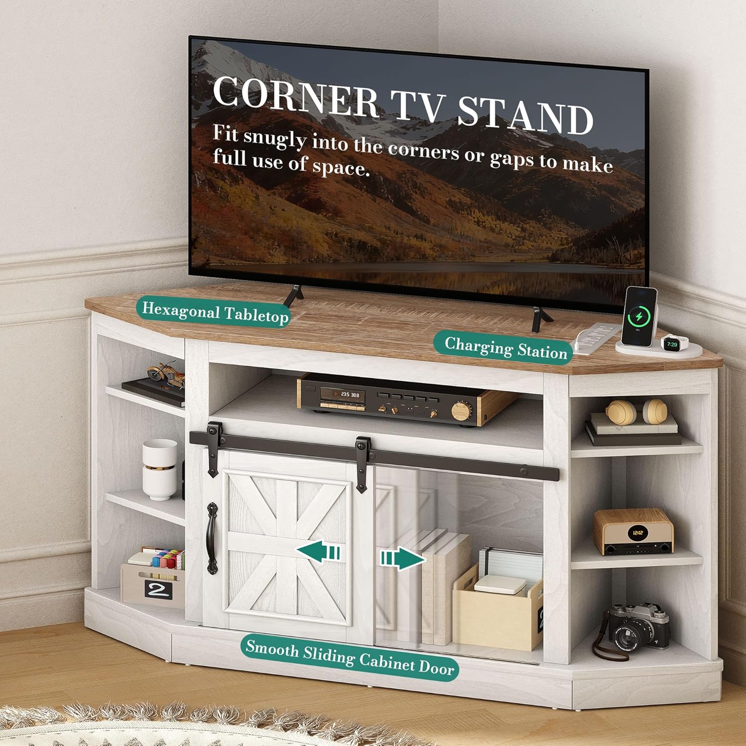 YITAHOME Corner TV Stand for 50 Inch TV, Farmhouse Entertainment Center with Storage & Power Outlet, TV Console Cabinet and Sliding Barn Door for Living Room, Grey Wash & Grey White