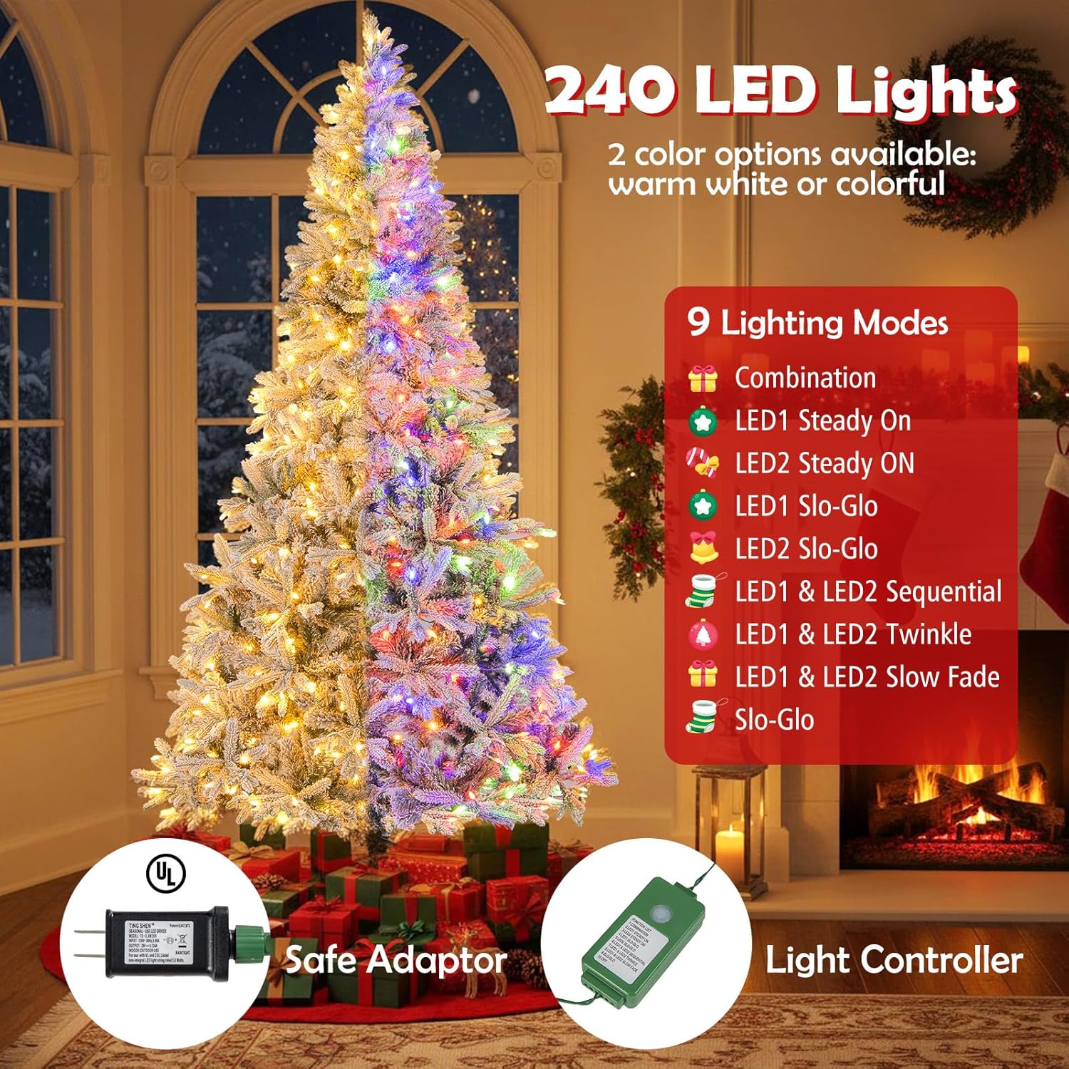 BECOMFORT 7 FT Flcoked Half Christmas Tree, Hinged Artificial Xmas Tree with Multi-Colored LED Lights, 9 Lighting Modes, Timer & Remote, 852 Branch Tips, Prelit Christmas Tree for Wall Home