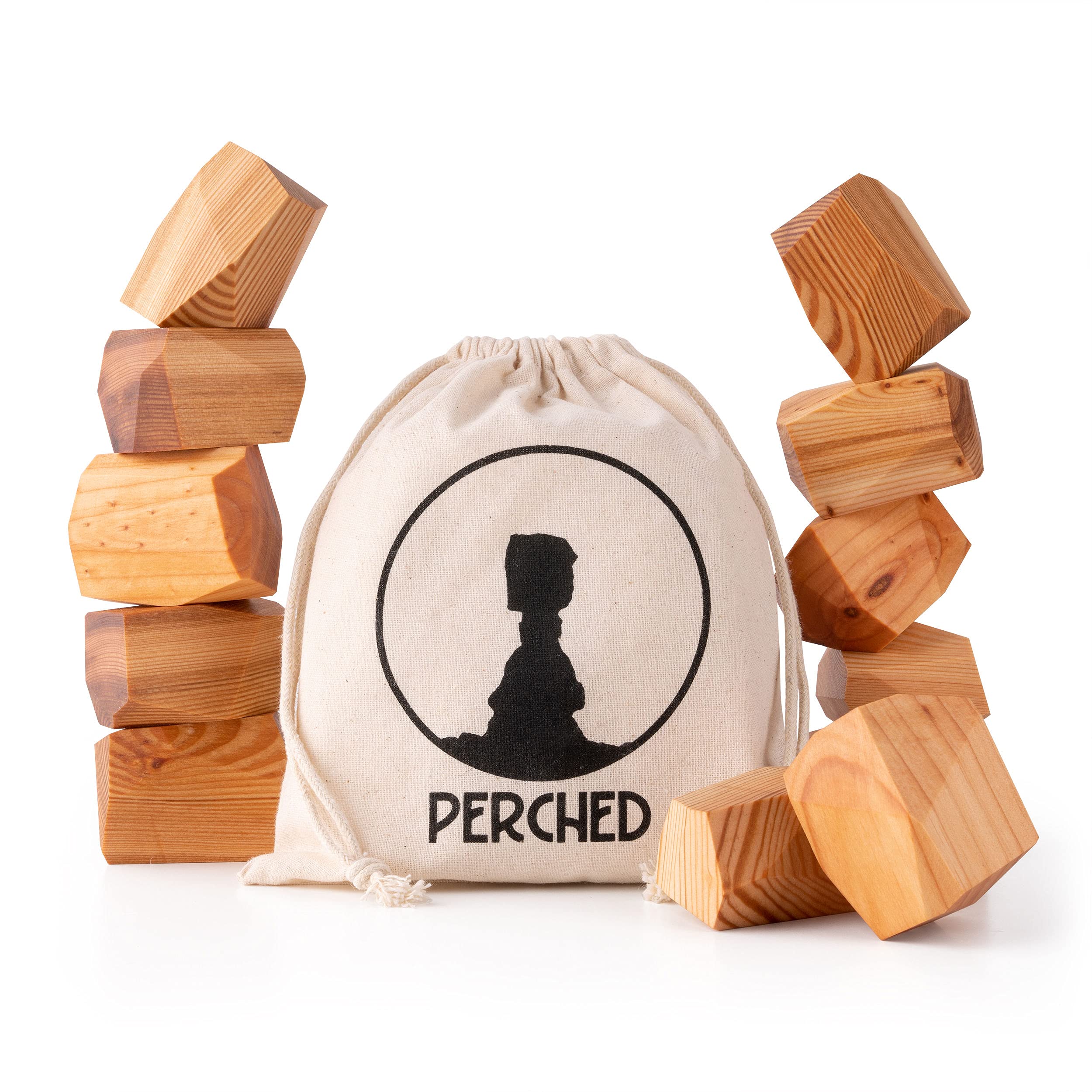PERCHED Natural Pine Stacking Rocks, Large Wooden Blocks, Montessori Puzzle Game, Toddler Toys For Classroom, Wood Balancing Stones Set (12 Pc)