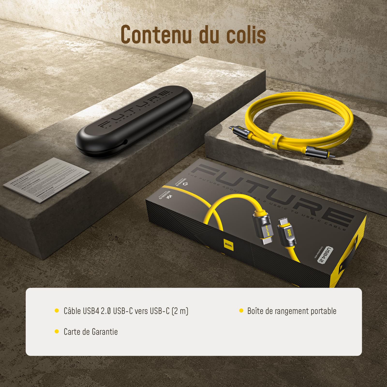 AOHI Cable Compatible Thunderbolt 5,USB4 2.0 Câble 80Gbps 2m, jusqu'à 120 Gbps,Affichage 8K/4K,The Future Adonis Câble USB C,Charge Rapide 240W Compatible MacBook Mini 4/Air/Pro,iPhone,SSD,Dock,Jaune