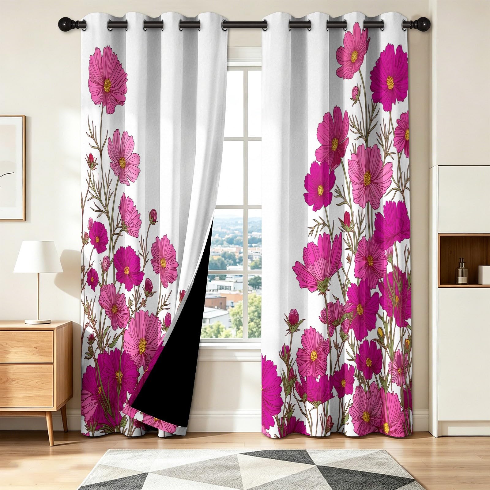 Générique Zasłona zaciemniająca z izolacją termiczną i redukcją szumów 91,5 L x 214H cm (2 panele) - Fuksja kwiecista roślina wiejska z oczkami do sypialni salonu