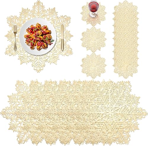 Juego de 24 manteles individuales de vinilo prensado con copos de nieve, incluye manteles individuales de vinilo metálico, posavasos de Navidad,