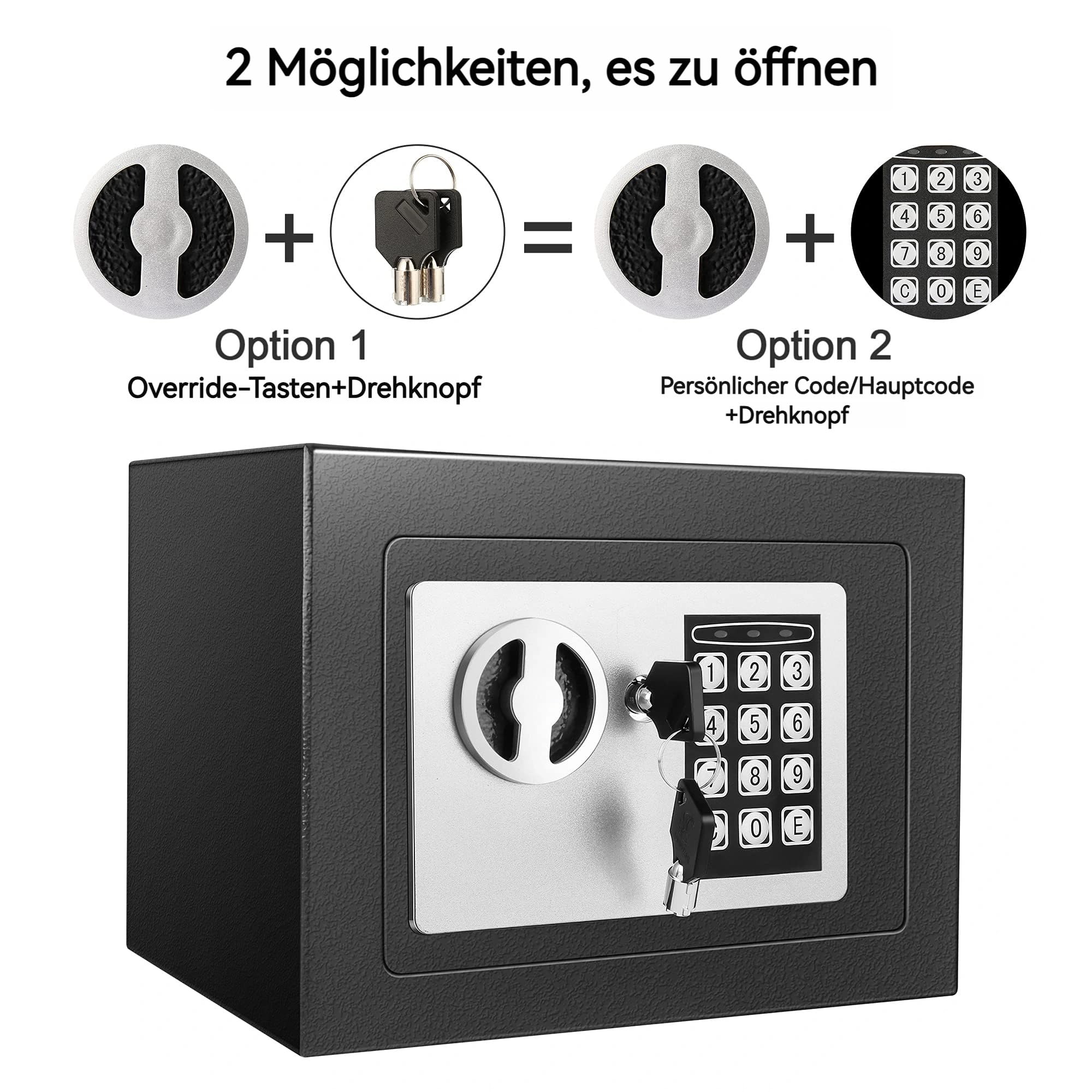 6,65L Kompakter Feuer- und Wasserdichter Tresor – Elektronischer Möbeltresor mit 2 Doppelstahlbolzen, Samtpolsterung und Notschlüsseln, 23 x 17 x 17 cm