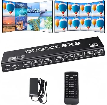 HDMI Matrix Switch 88 4K Explosive HDMI2.0 Matrix Distributor 8 in 8 Out Matrix Video Switch Splitter HD 4K@60Hz Support RS232 EDID IR Remote Control HDR 18Gbps 3D 3.5mm Stereo Audio Blu-Ray DVD et