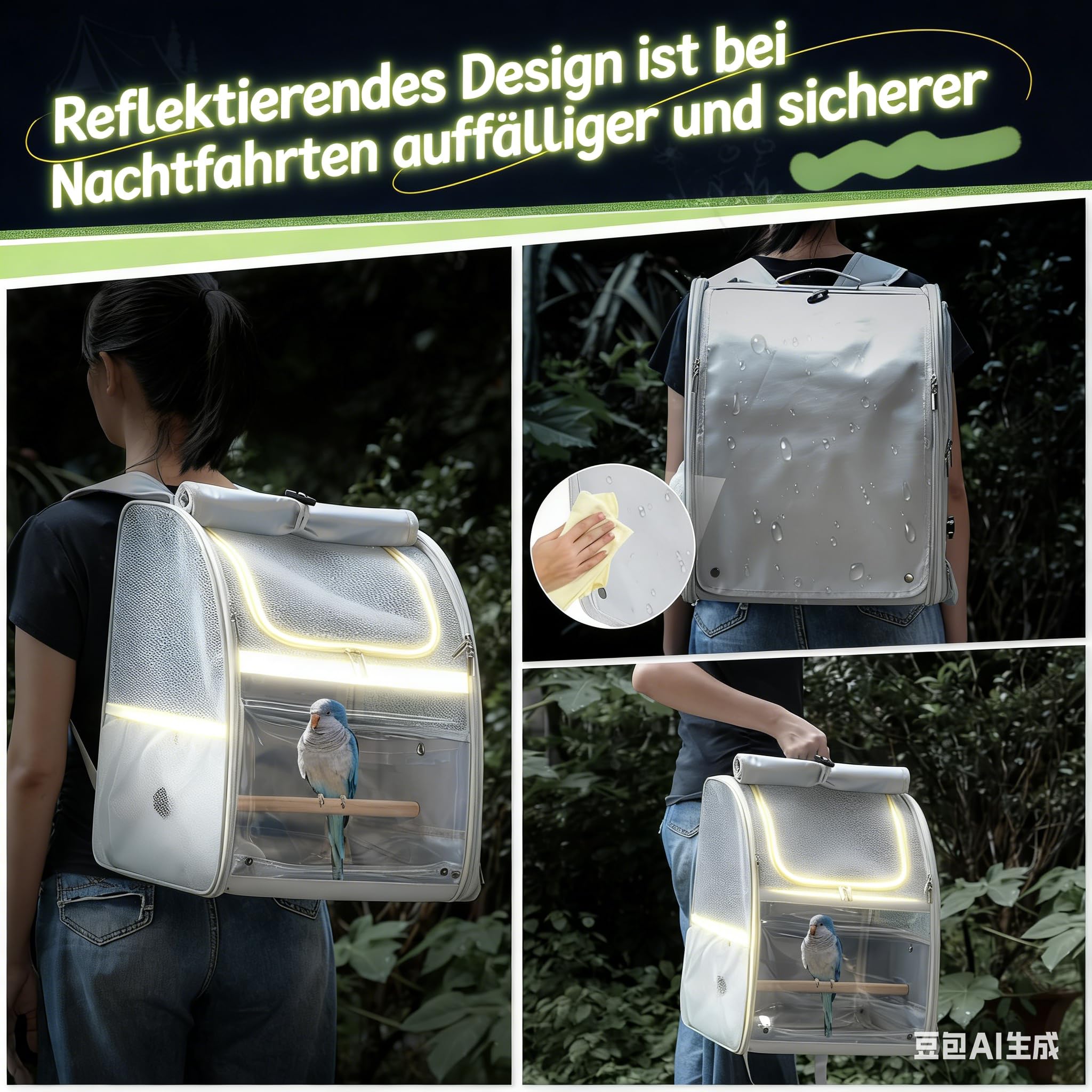 Mochila de transporte para periquitos y loros, resistente al agua, con 2 perchas y bandeja, jaula de viaje transpirable para cacatúas, ligera, 33,5 x 29 x 43 cm