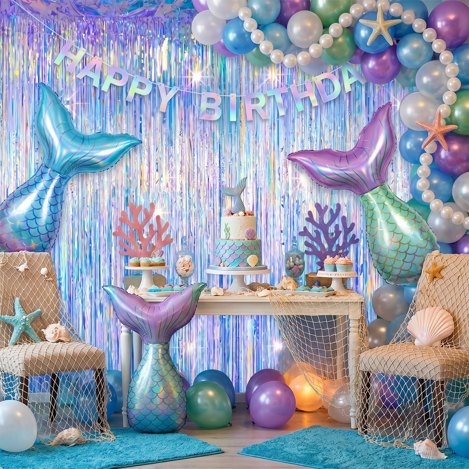 Iridescent Fringe Curtains Backdrop, 2 Pack 3.3 x 6.5 ft Holographic Tinsel Foil Streamers for Mermaid, Frozen, Euphoria, Ocean Theme Birthday Party Decorations image 2