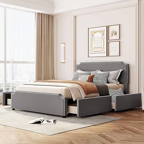 Miniatura 10 de Cama de plataforma tapizada moderna con 4 cajones plataforma de terciopelo de madera maciza con cabecera y estribo cama de plataforma tamaño Queen