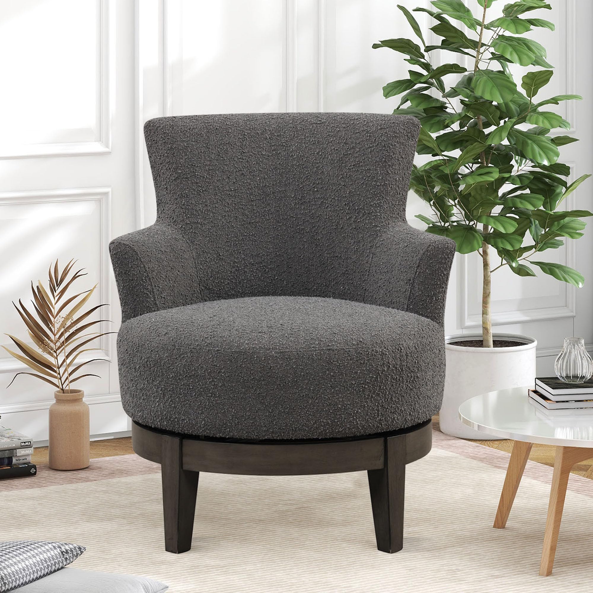 P PURLOVE Modern Upholstered Wingback Accent Chair, 360 Degree Swivel Accent Chair with Rubberwood Legs, Barrel Chair for Living Room, Bedroom, Office, Apartment (Dark Grey)
