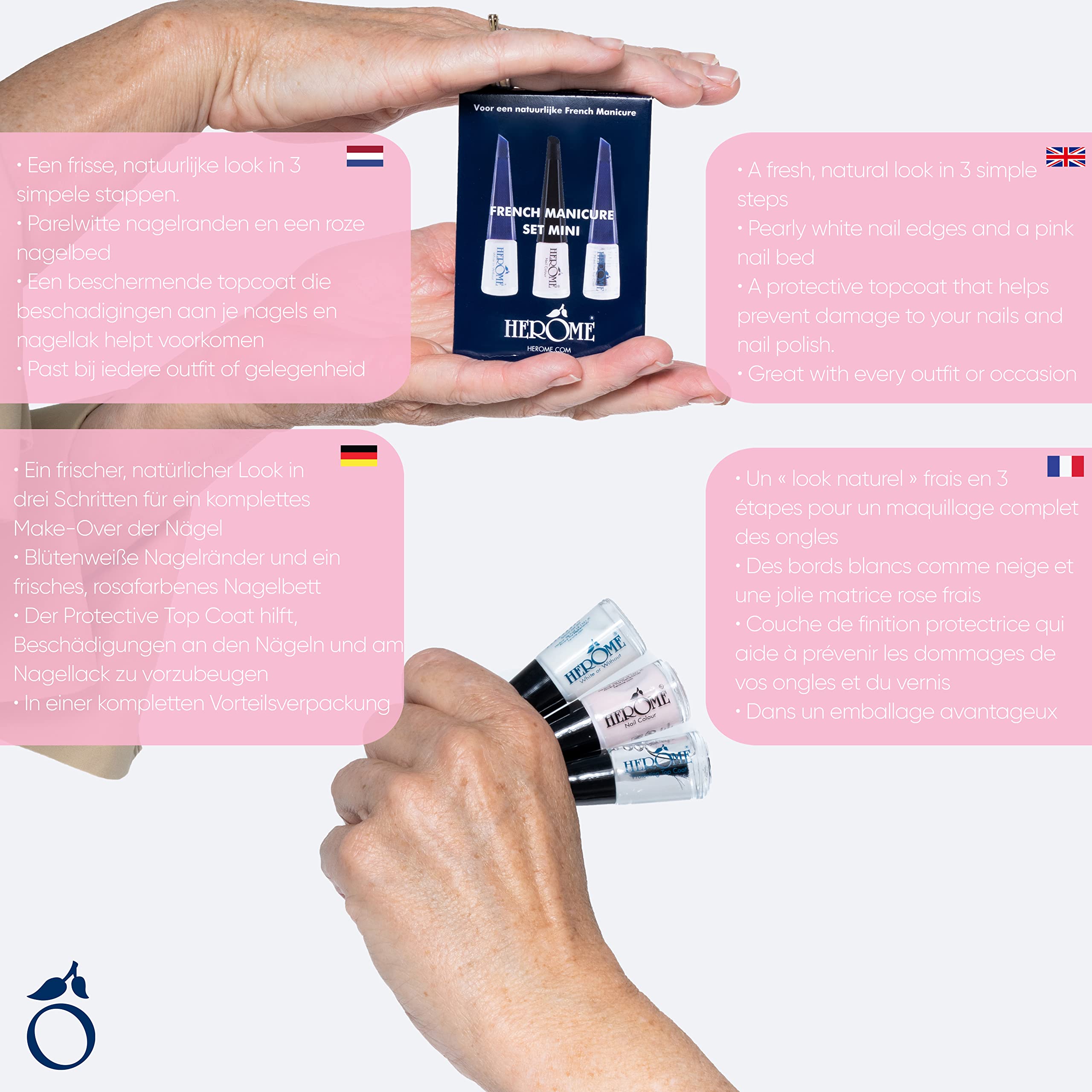 Herome Kit French Manucure Mini - Kit de Voyage - Pour Une French Manucure Dans 3 Étapes - Vernis à Ongles (French Manicure Set) - 3 * 4ml.