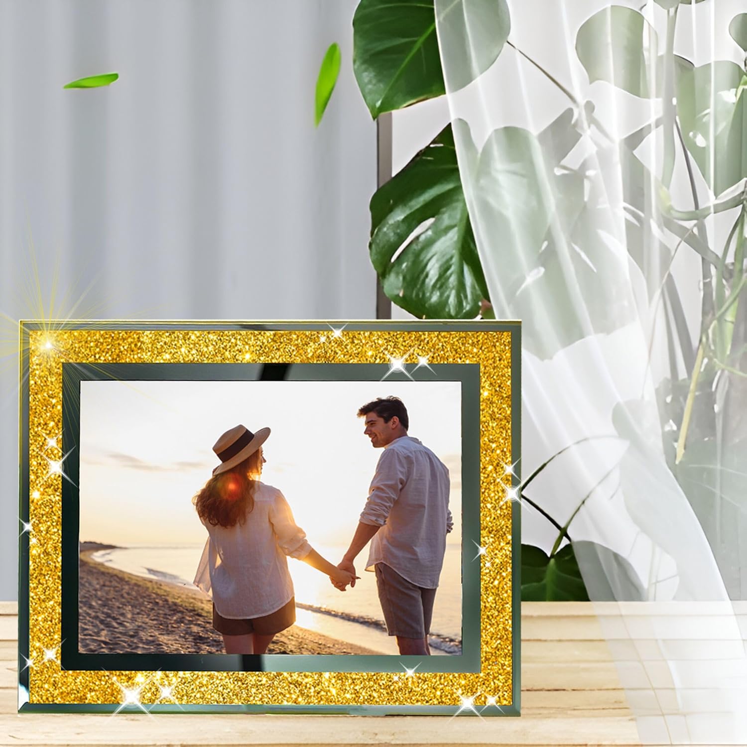 Gold Picture Frame Bling Desk Accessories for Women Office Diamond Glass Picture Frames Gold Sparkle Glitter Photo Frame 5x7 Picture Frame Bling-2PCS