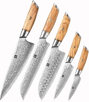XINZUO 73-Layer Damascus Steel 5Pcs Chef Knife Set, Hand Forged Sharp Kitchen Knife Set Powder Steel Core Cooking Knife Set - Chef Santoku Bread Utility Parling Knife - Olive Wood Handle