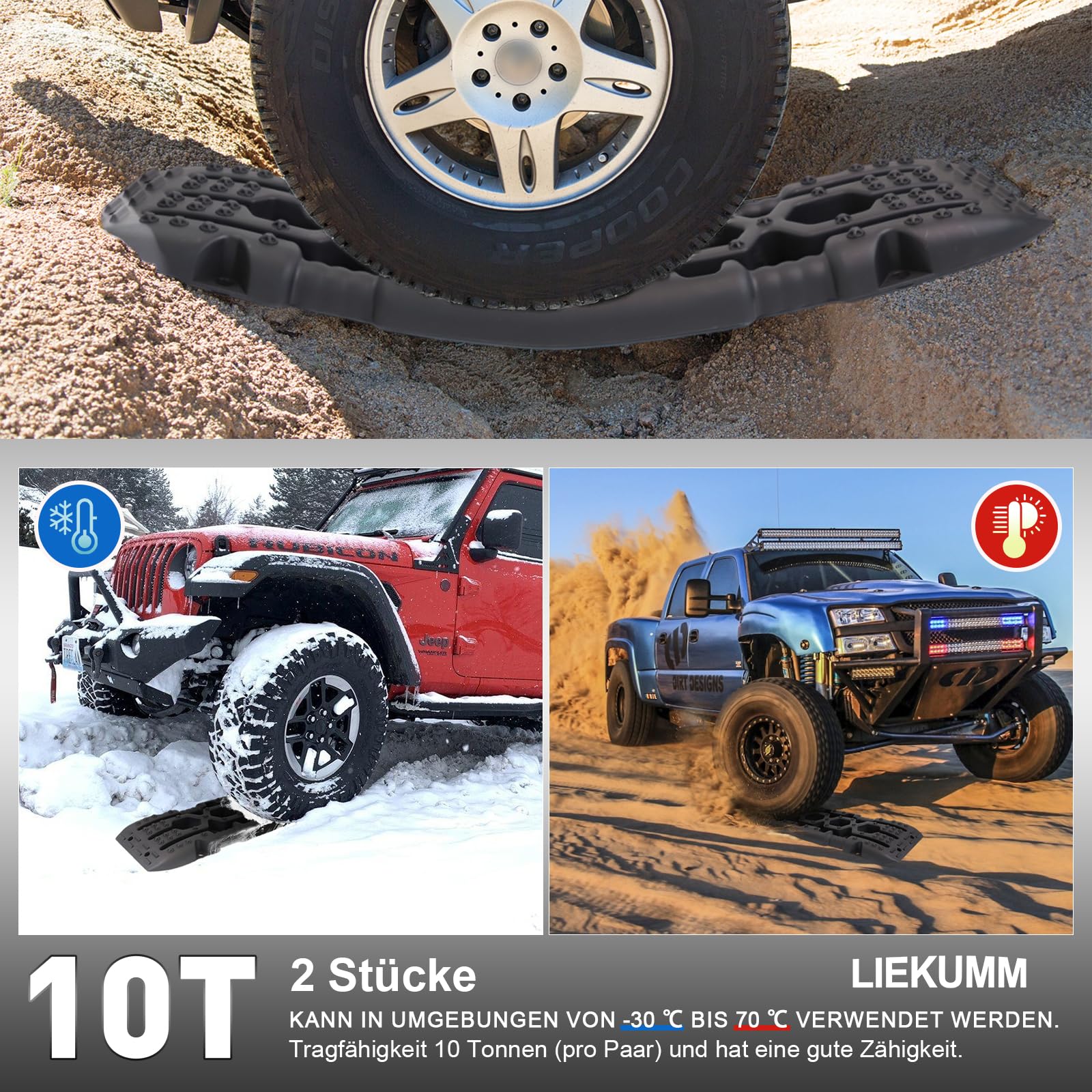 LIEKUMM 2 Stücke Sandbleche Offroad, 104 x 28 cm Sandbleche Kunststoff, 10 T Tragkraft Sandbleche Wohnmobil, Kunststoff Sandblech für Geländewagen PKW LKW, Sandboard für Sand Schlamm Schne