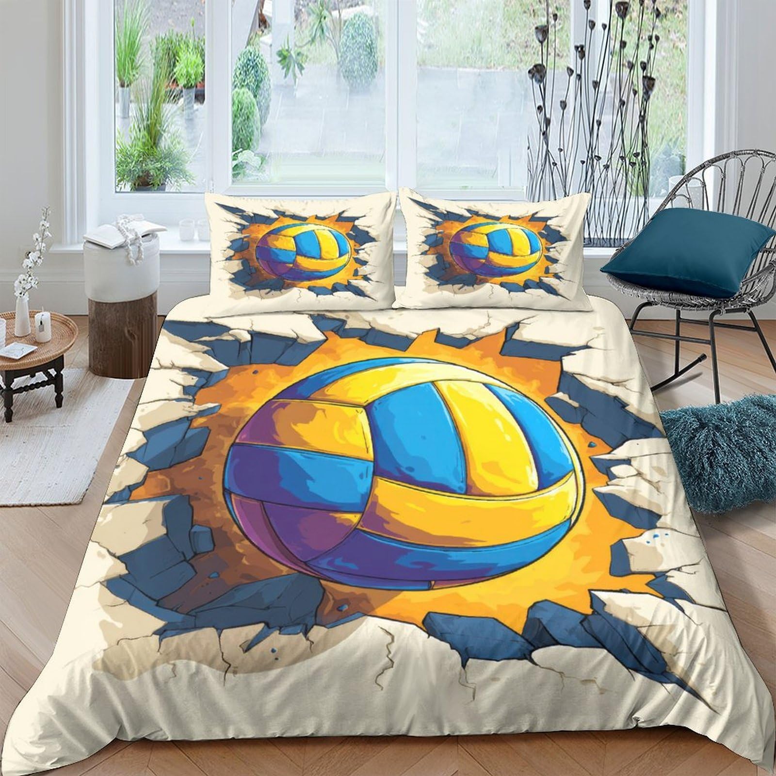 Ctjqhvkz Style-9 3D Printed Volleyball Smash Fitted Sheet Microfiber Soft Blue Yellow Burst Mattress Cover For Bedroom Dorm Decor Single（135X200cm）