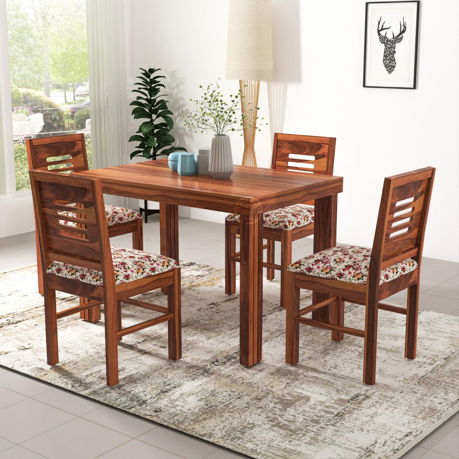 VK Furniture Sheesham Solid Wood 4 Seater Dining Table Set of Four with 4 Print Cushion Chairs for Dinner Hall Kitchen Living Room Home Office Restaurant |L45 X W30 X H30|Natural Finish 01