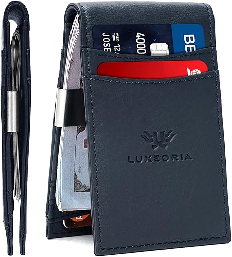 LUXEORIA Cartera de cuero genuino de grano completo para hombre, cartera de viaje hecha a mano, billetera delgada minimalista para hombre, cartera