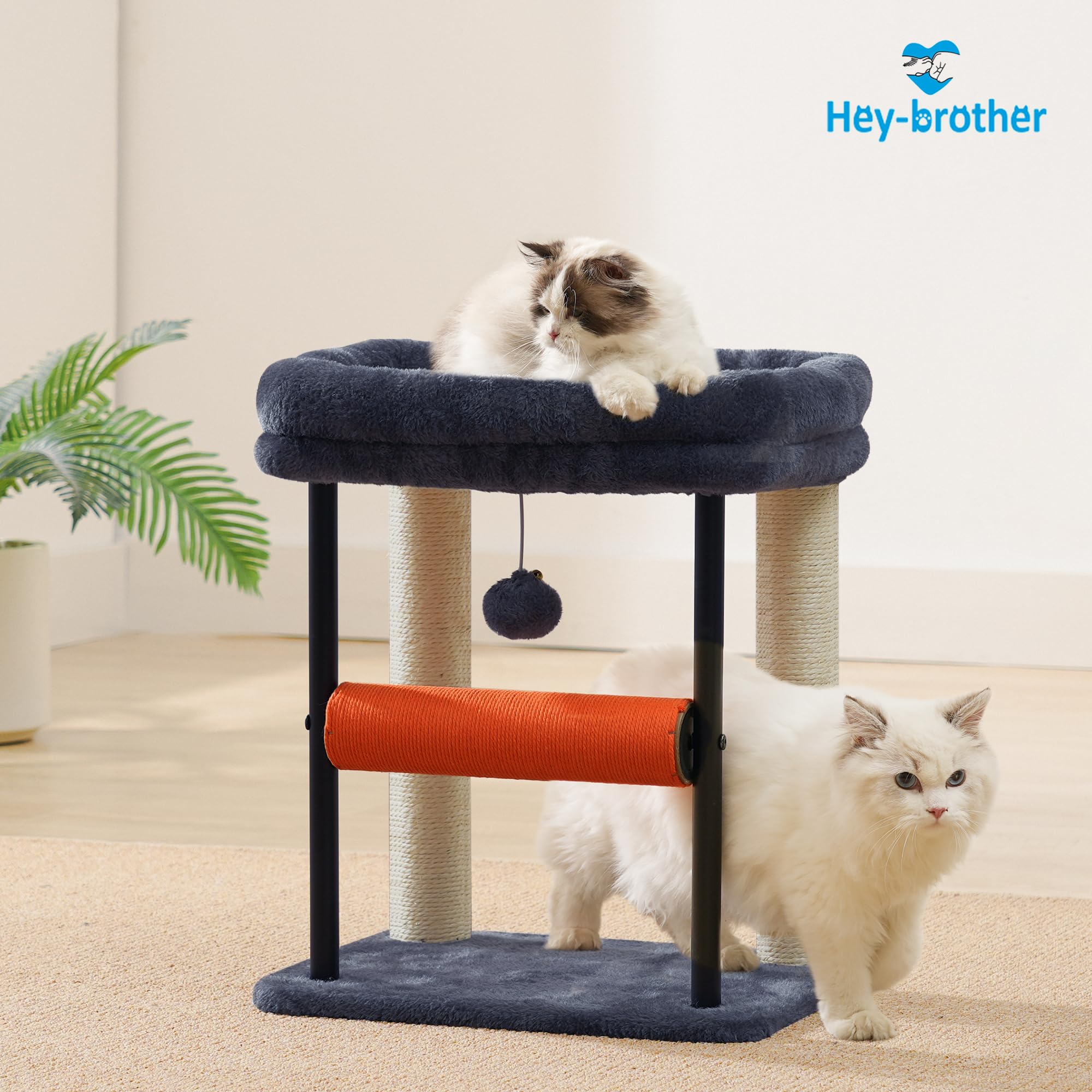 Hey-brother Cat Tree Tower with Rolling Scratching Post, Spacious Plush Platforms, Fully Sisal-Wrapped Column and Plush Toy Ball, Sturdy Bed for Indoor Kittens, 18.9 inches, Smoky Gray MPJ010SG