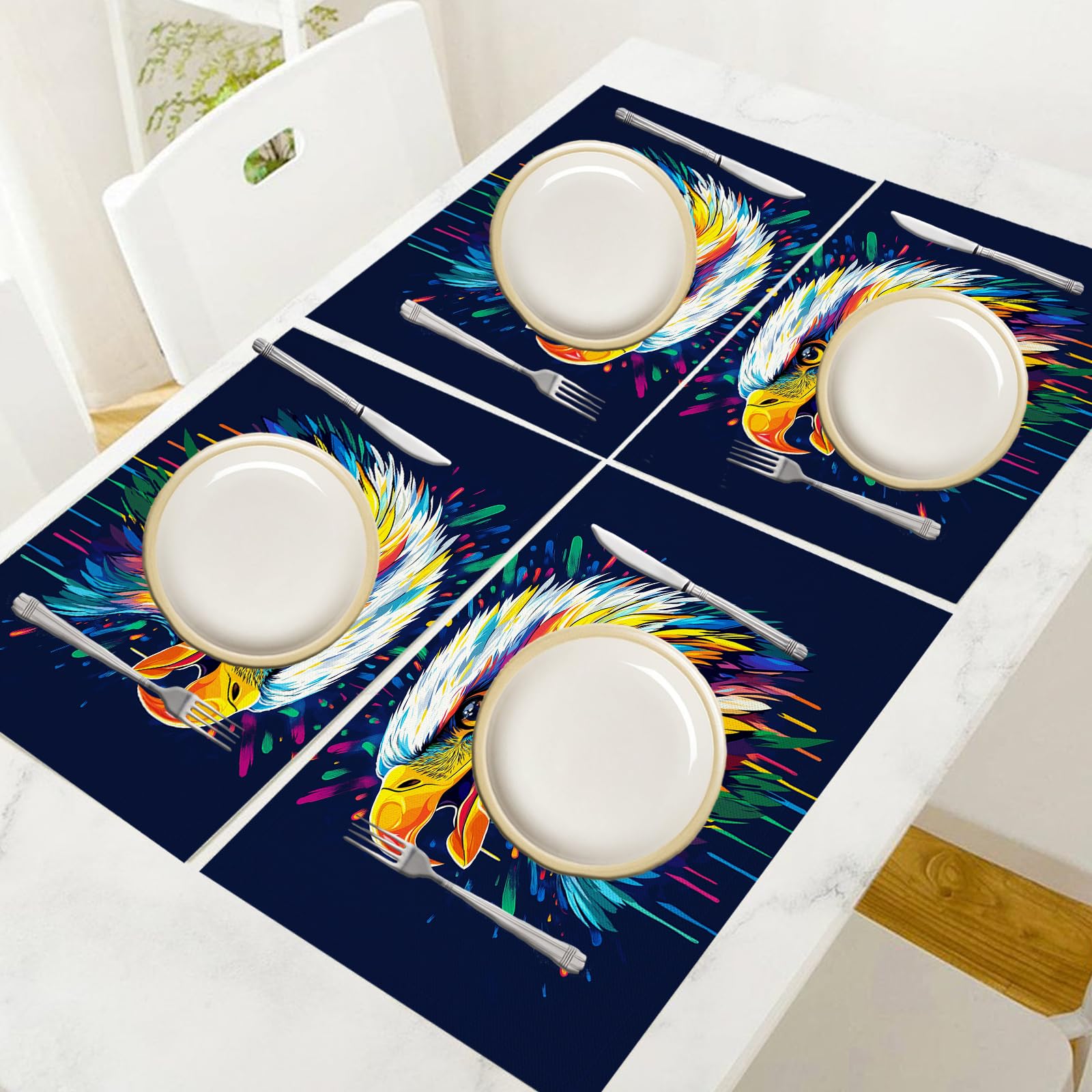 Tovaglietta Americana Animali colorati in Cotone Lino Rettangolare - Tovagliette Set di 8 Testa d'aquila graffiti Resistente al Calore per La Cucina, Il L'Ufficio, 30 x 45cm