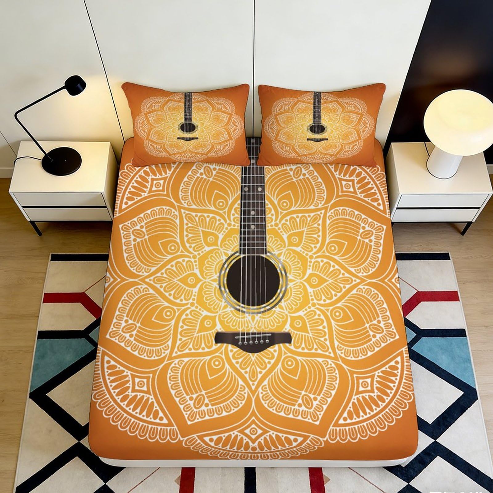 3D Printed Guitar Mandala Fitted Sheet Microfiber Orange Artistic Bed Cover for Bedroom Guest Room Mattress Protection 90x200x25cm
