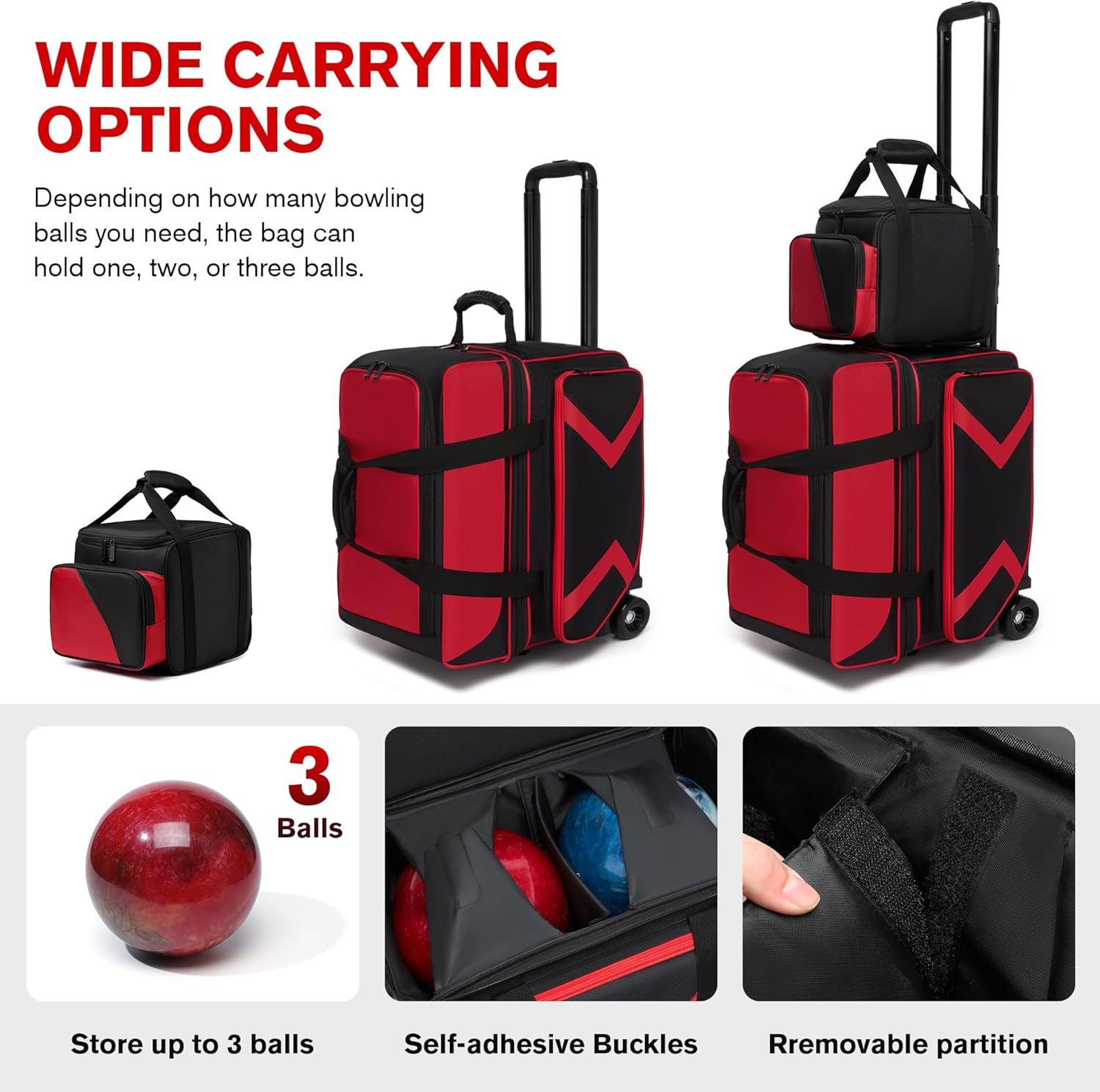 3 Ball Bowling Bags with Wheels and Shoes Compartment, Roller with Multipocket, 2 Ball Bowling Roller Bag + 1 Ball Color Matching Add On Tote (Red-Black)