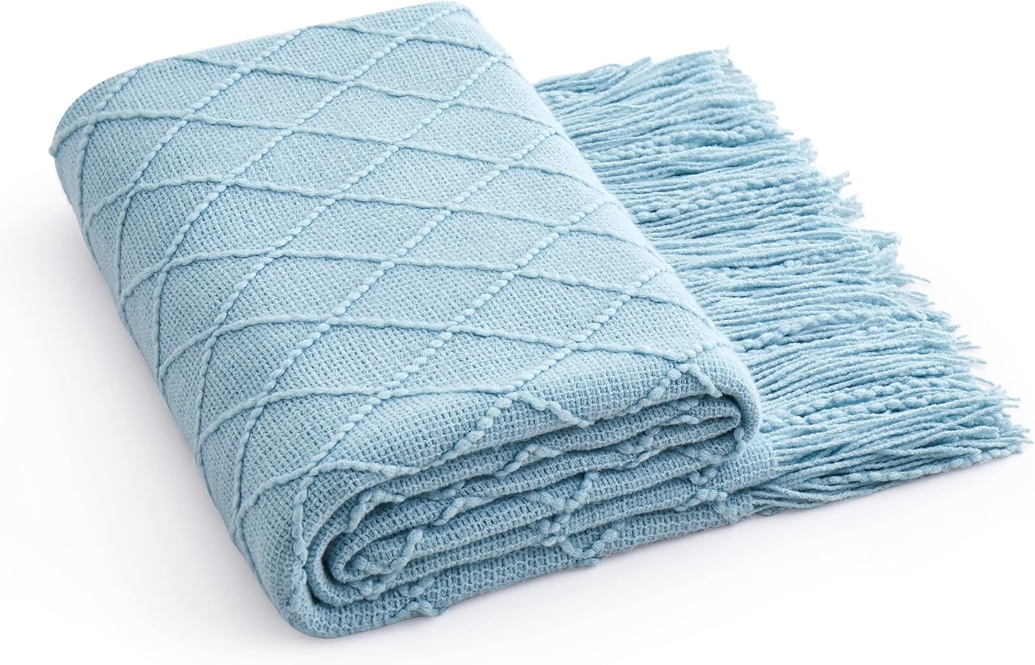 Acrylic Knitted Throw Blanket, Lightweight and Soft Cozy Decorative Woven Blanket with Tassels for Couch, Bed, Sofa, Travel, Suitable for All Seasons, 50 x 60 Inches, Light Blue