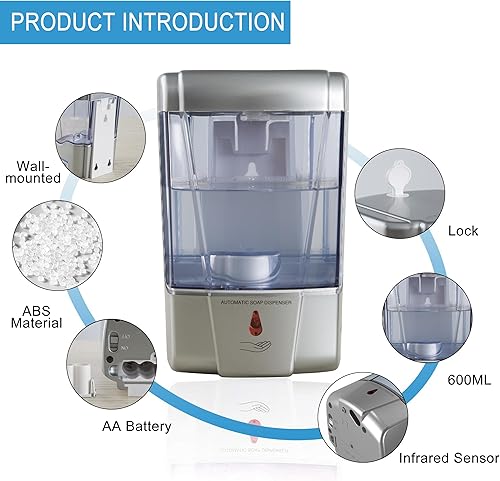 Miniatura 2 de Dispensador automático de jabón con sensor de pared, plateado, dispensador de desinfectante de manos de inducción sin contacto para baño con gel o