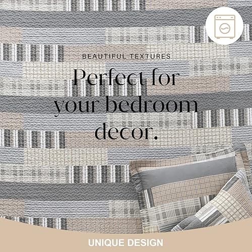 Miniatura 6 de Y-PLWOMEN Juego de ropa de cama King  Colcha acolchada a cuadros de algodón marrón y gris, 3 piezas de edredón ligero reversible para todas las