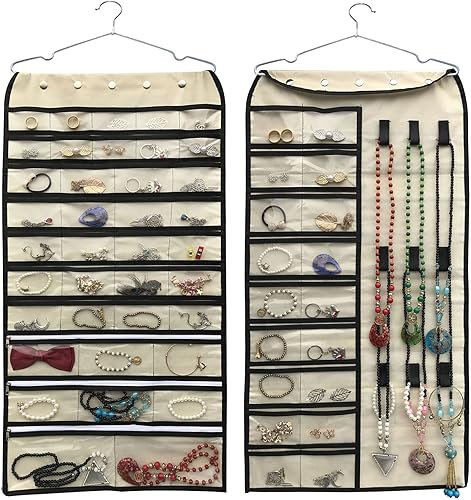 Miniatura 1 de Organizador colgante de joyas, organizador de accesorios, organizador de 56 bolsillos para guardar joyas (Beige-56 bolsillos)